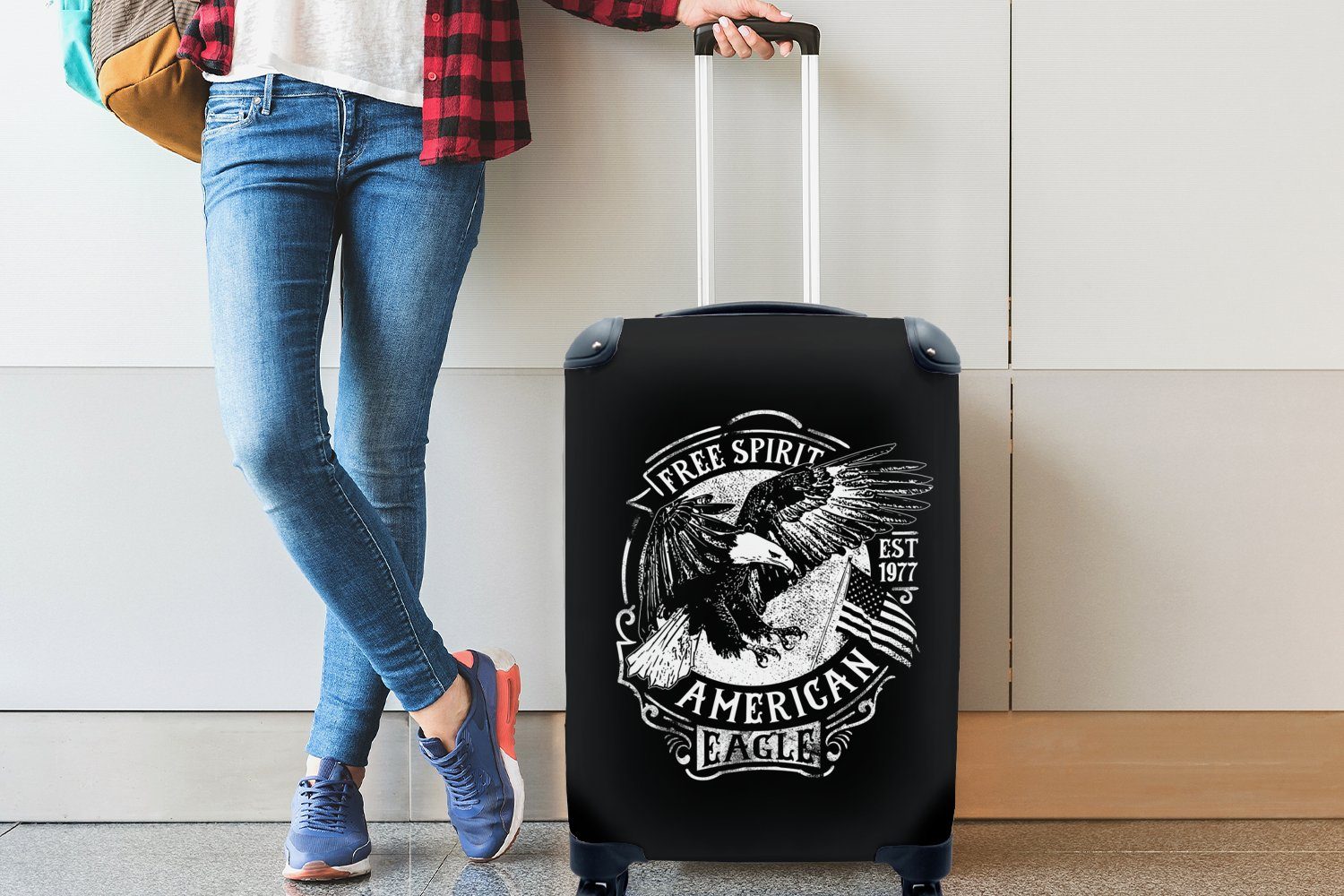 Adler - Handgepäckkoffer Trolley, für Retro Reisetasche mit Ferien, 4 MuchoWow rollen, Handgepäck - Rollen, Schwarz Weiß, - Flagge - Reisekoffer