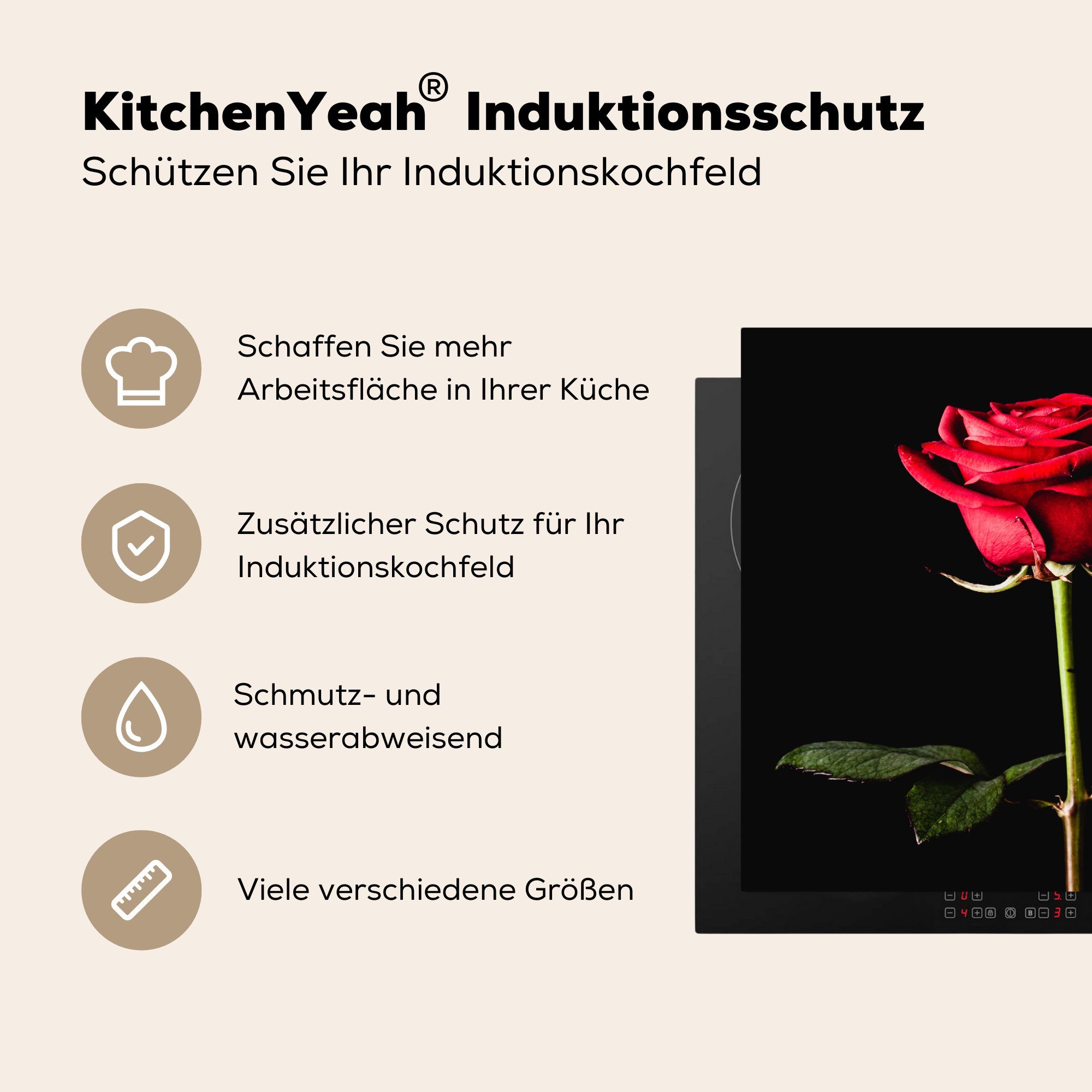 MuchoWow Herdblende-/Abdeckplatte Eine schwarzem (1 Hintergrund, Arbeitsplatte Ceranfeldabdeckung, rote cm, Vinyl, tlg), 78x78 Rose auf für küche