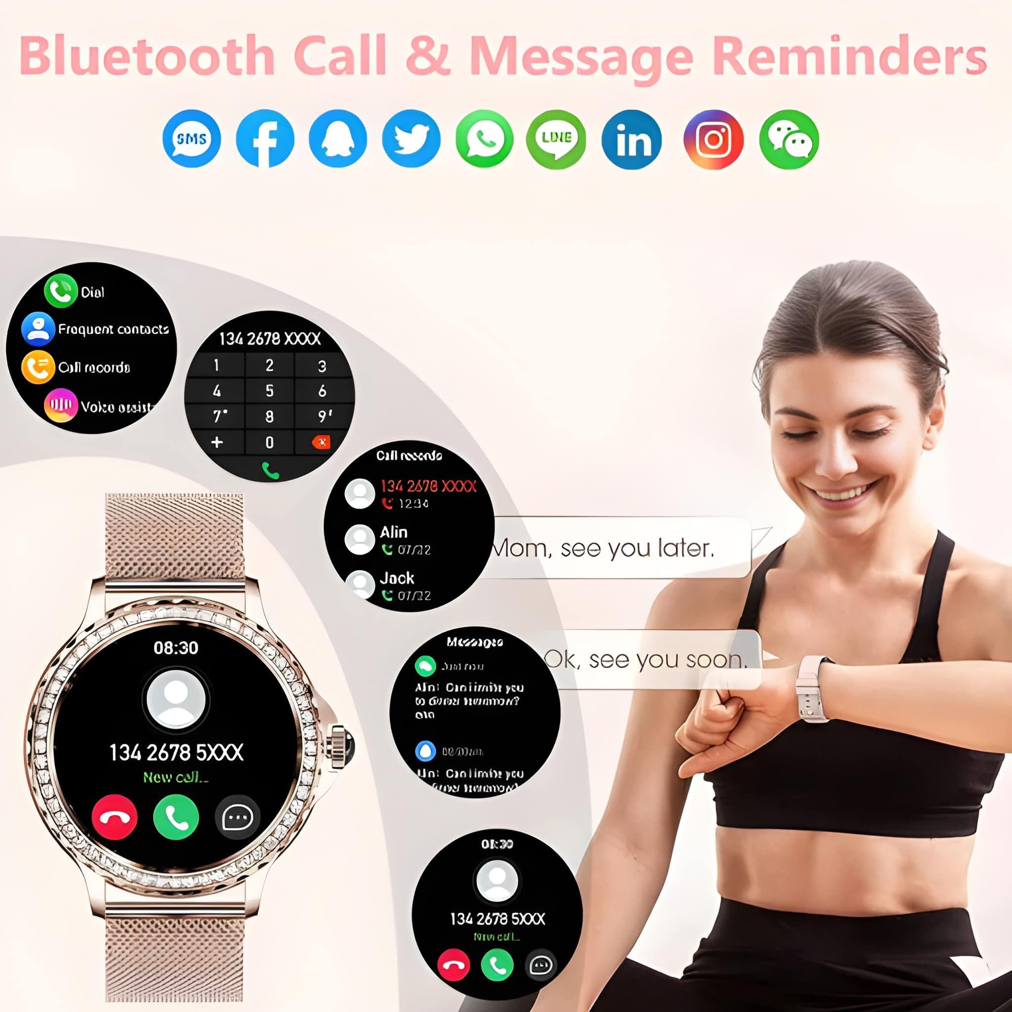 Lige Smartwatch Damen mit Metallband, 1.3 Zoll Fitnessuhr Telefonfunktion Smartwatch (3,3 cm), 100+ Sportmodis, Schlaftracker, Fitnesstracker goldfarben