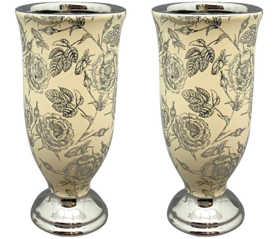 Exner GmbH Garten- & Wohnaccessoires Dekovase Pokal Tischvase 2er Set Barock Antik Rosenmuster Beige Silber 20 cm (2 St), Barockstil