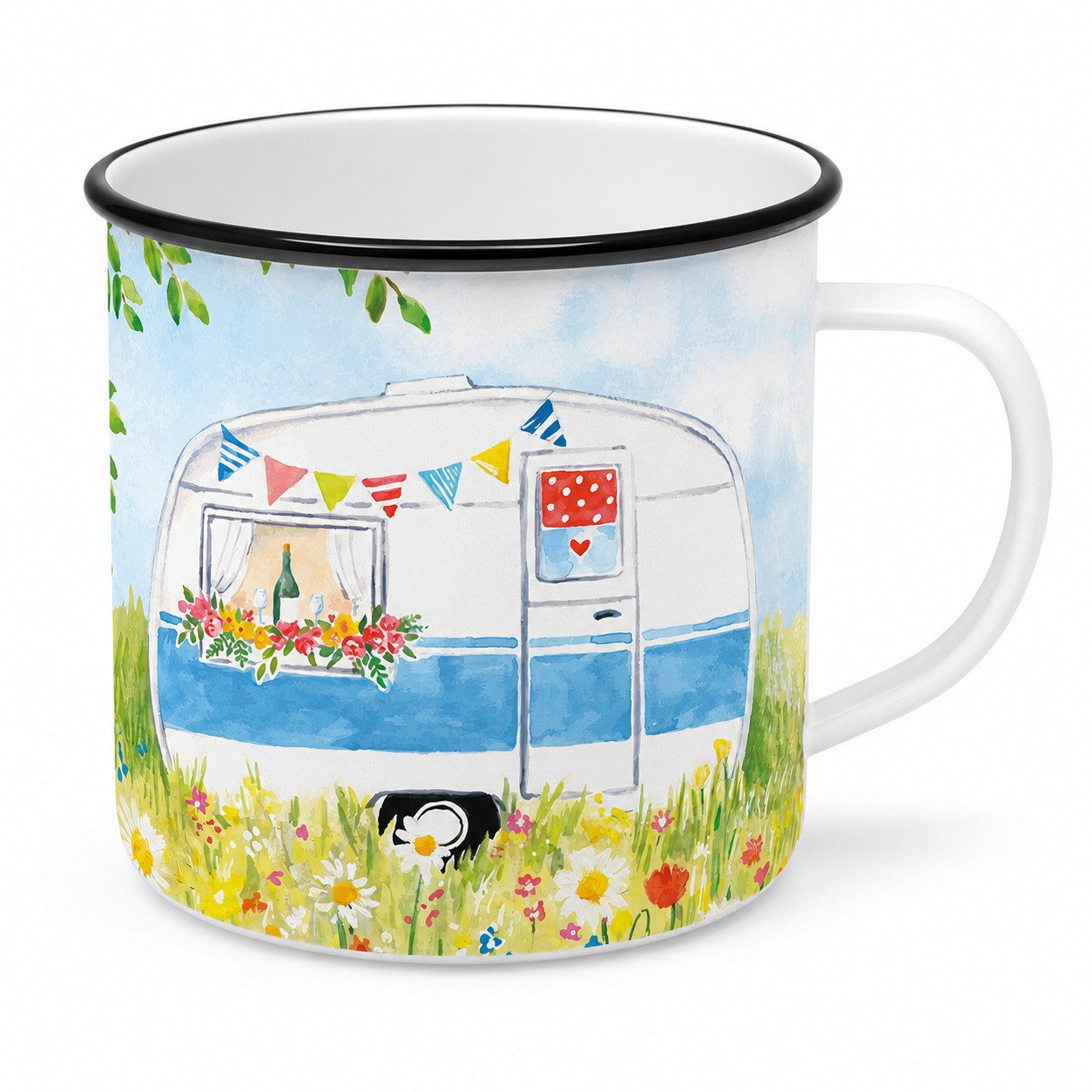 PPD Becher Henkelbecher aus Metall 0,3L - Happy Camping, 1-tlg., Porzellan