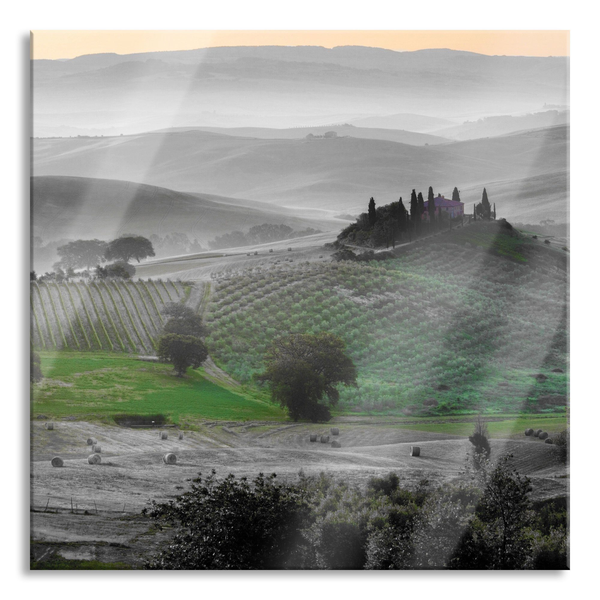 Toskana Toskana Landschaft, inkl. und herrliche aus herrliche Echtglas, Glasbild St), Pixxprint Glasbild Abstandshalter Aufhängungen (1 Landschaft