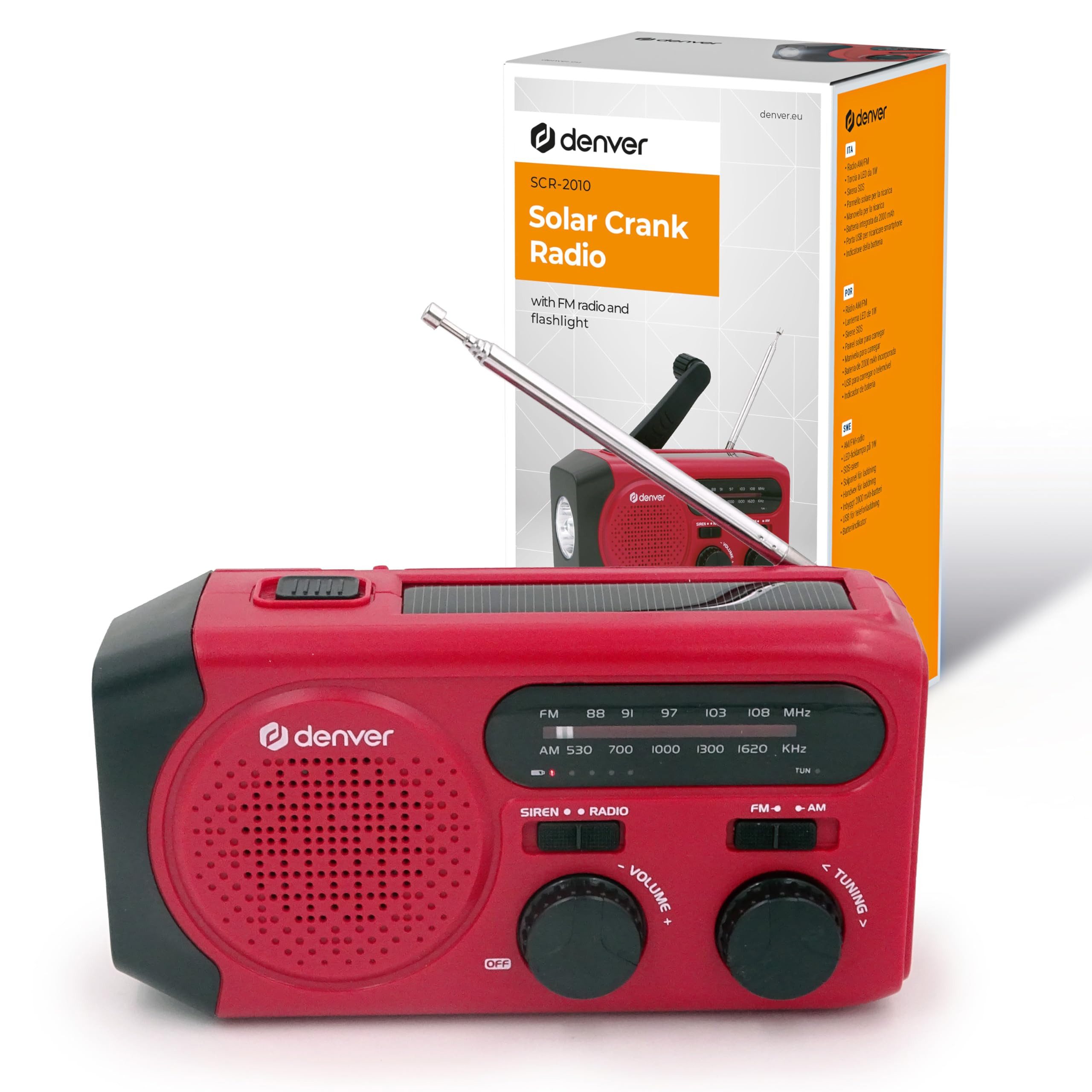 Denver SCR-2010 rot Solar-Kurbelradio Digitalradio (DAB) (Mit Solar, Handkurbel und USB-Ladung)