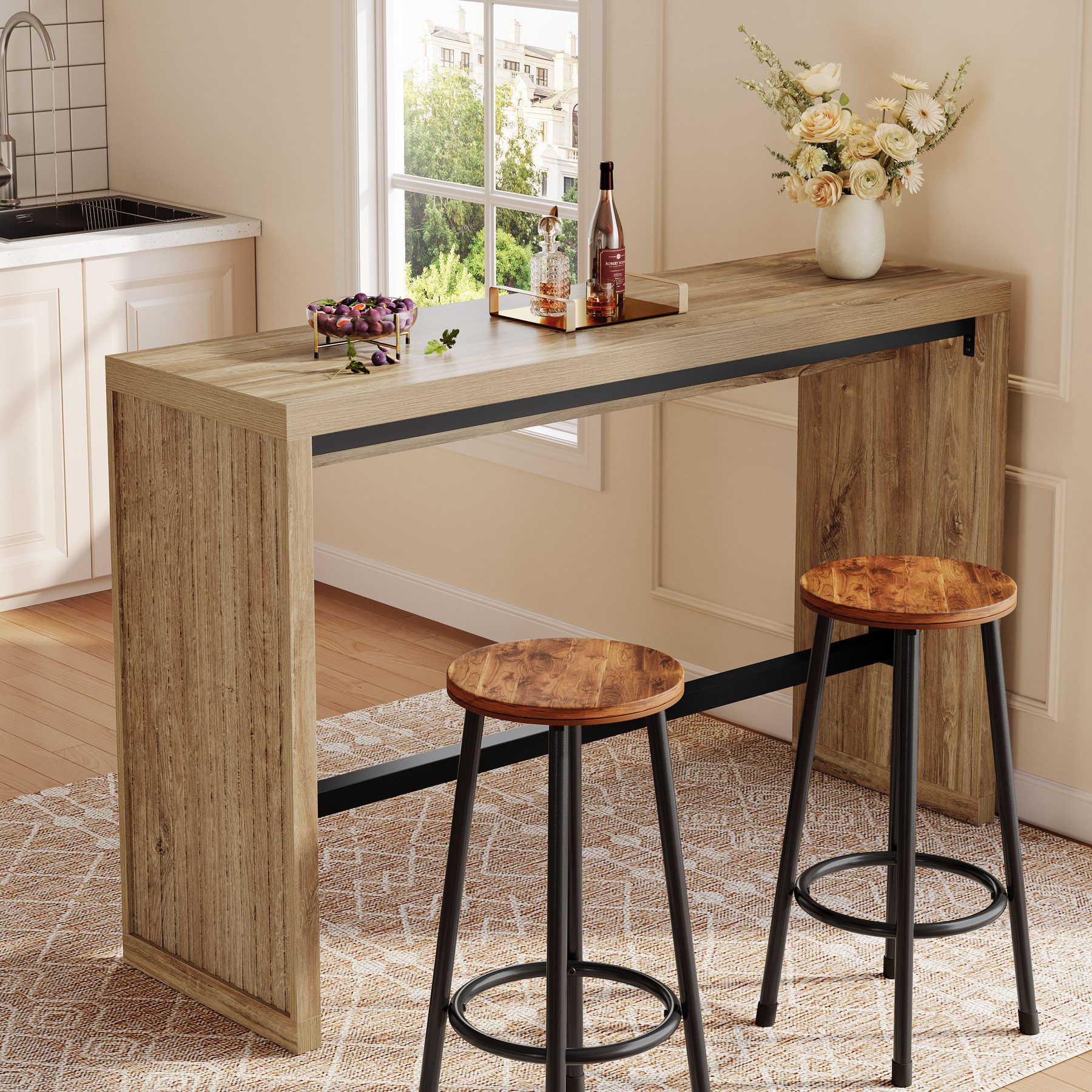 Tribesigns Bartisch 140 cm Bistrotisch mit Metall-Fußstütze, Rechteckig Stehtisch, Bartheke, Tresentisch