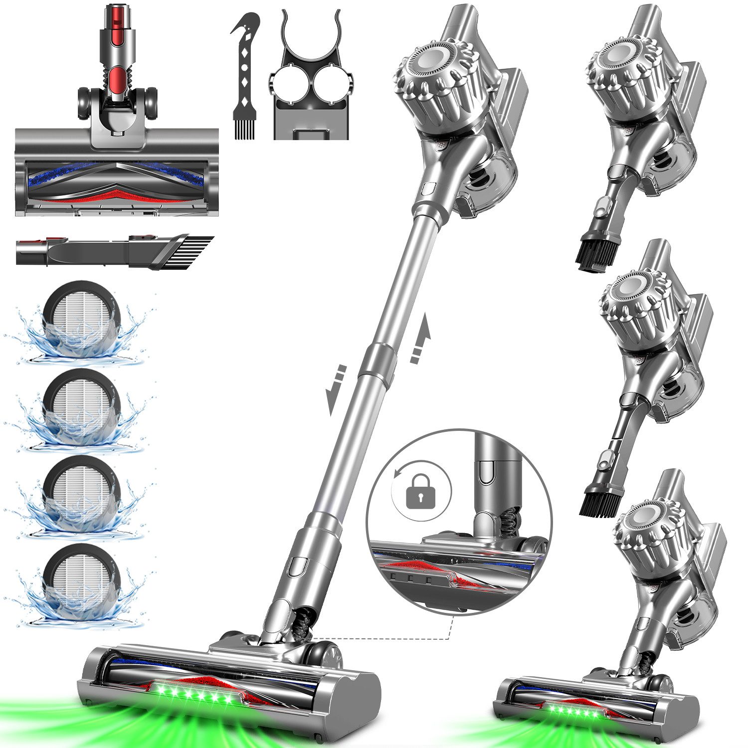 Hiazurm Akku-Hand-und Stielstaubsauger Akku Staubsauger, Staubsauger Kabellos 50000Pa/60Min/1.8L, Vielseitiger Akkusauger für Teppich, Hartboden, Tierhaare, HEPA*4, Akku-Sauger mit grünem Licht, Staubsensor und 90°-Standfunktion