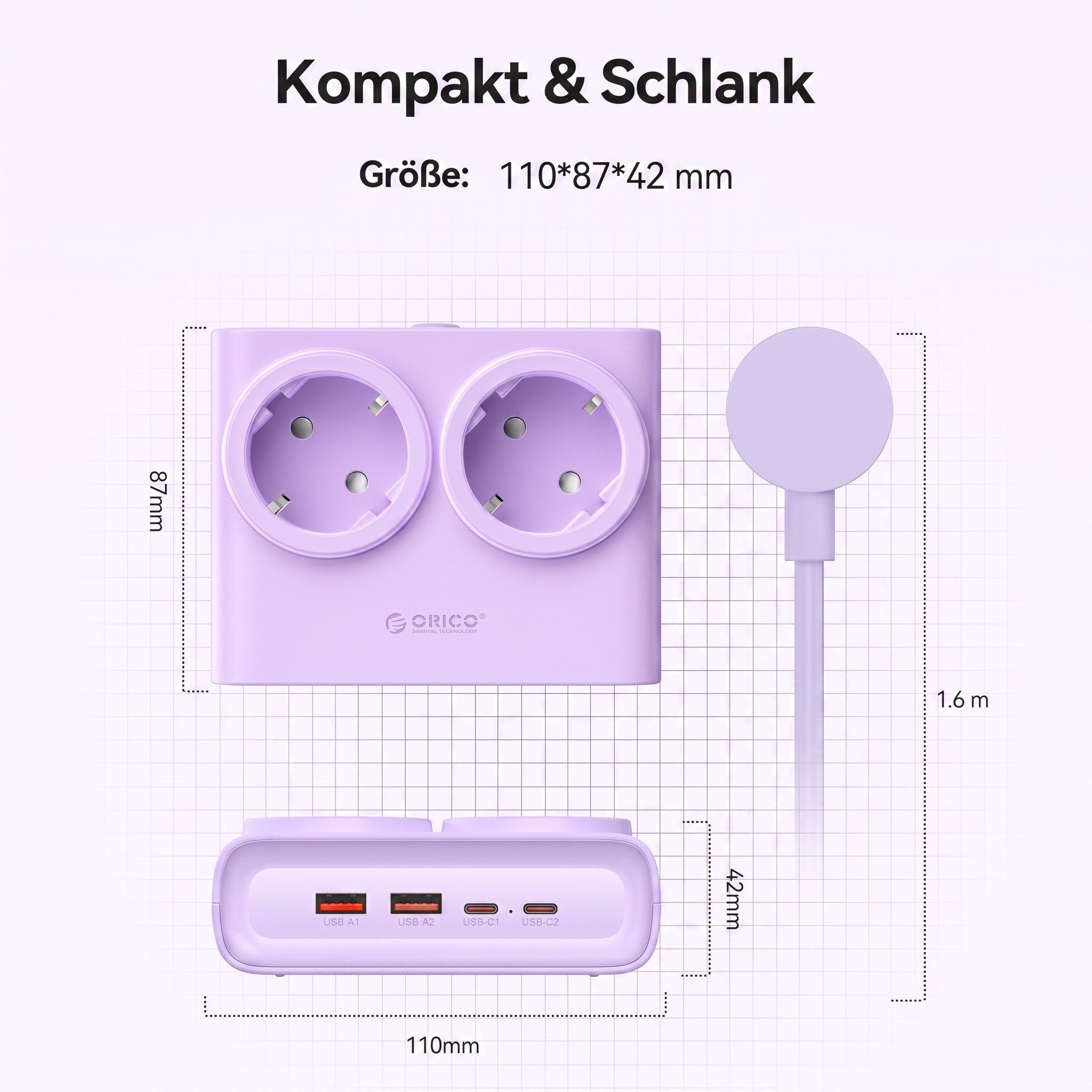ORICO Steckdose 15W/25W GaN Mehrfachsteckdose 6-in-1 Steckdosenleiste,2AC+2USB+2CPD, acher 1,3 cm Stecke, 1-St., 1,6 m Kabel, 2500 W., für Haushalt & Büro – Bild 5 von 5
