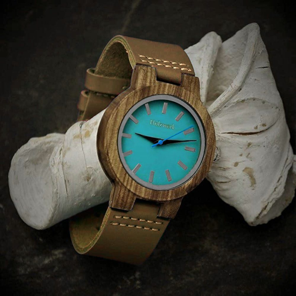 Holzwerk Quarzuhr LIL NAILA kleine Damen Leder & Holz Armband Uhr in braun & türkis blau