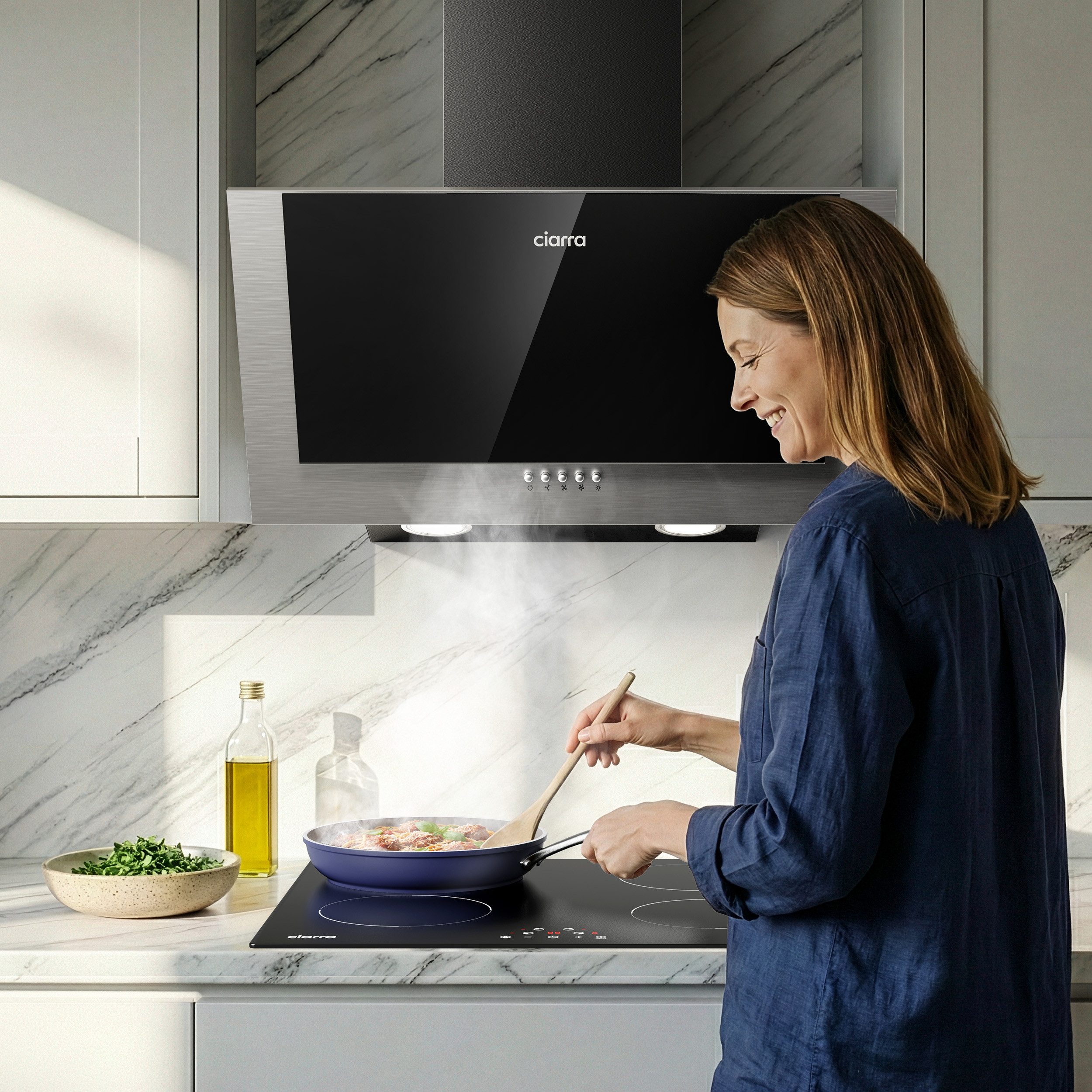 CIARRA Kopffreihaube 60 cm A++ 350m³/h Schräghaube Abluft & Umluft CBCB6736C 60 cm A++ 350m³/h Schräghaube Abluft & Umluft CBCB6736C, Kopffrei Dunstabzugshaube leise mit 2*Kohlefilter & LED 3 Stufen