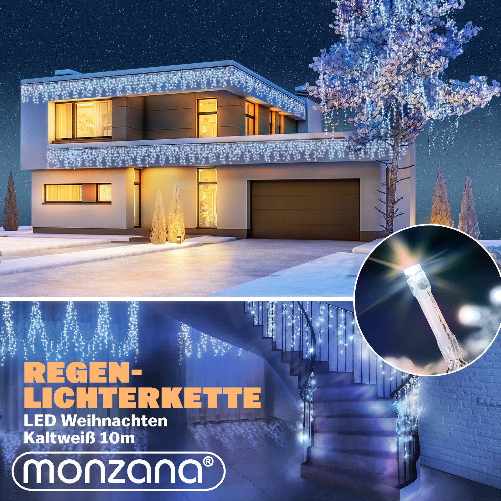 monzana Lichterkette, Regenlichterkette Fernbedienung 10m 200 LED kaltweiß IP44