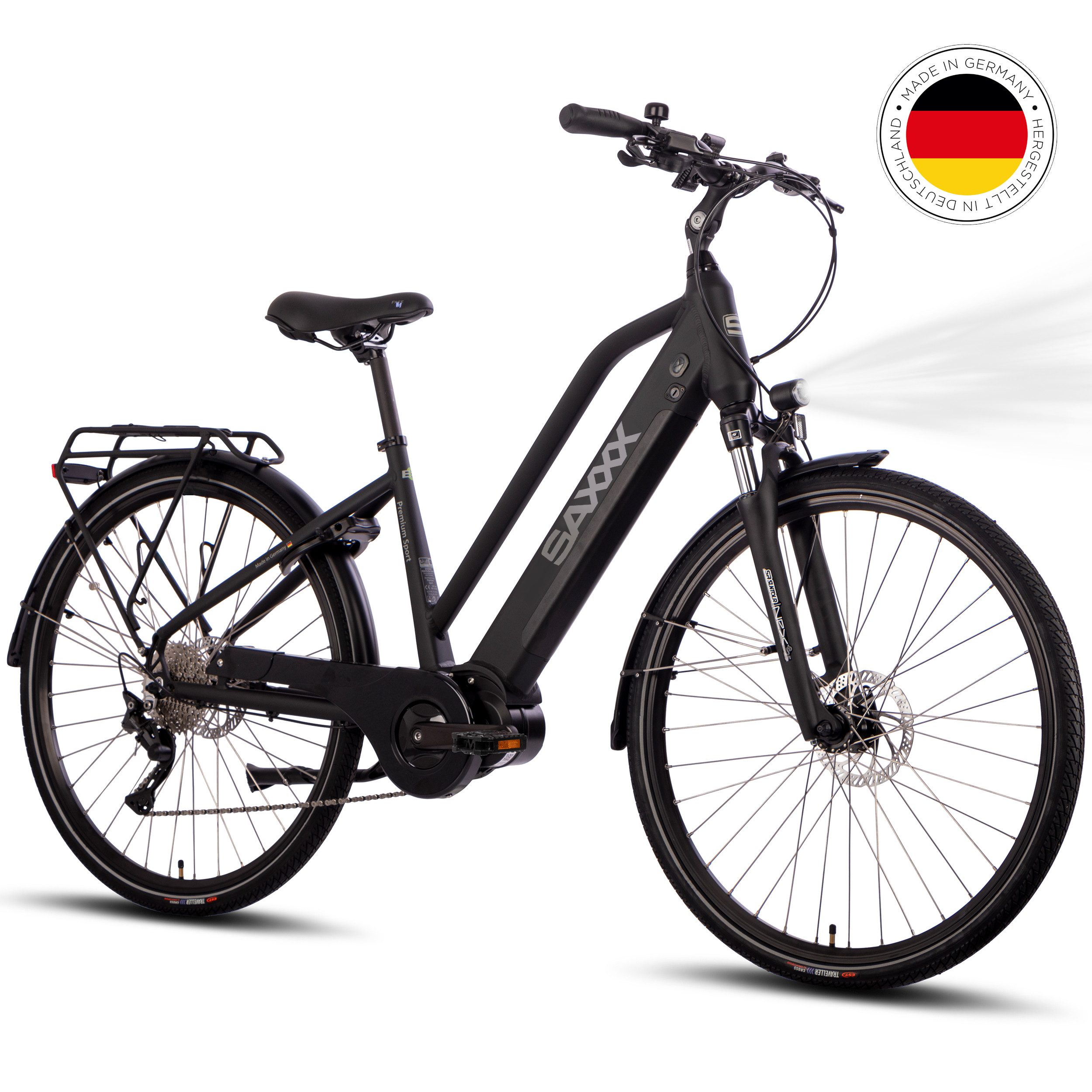 SAXXX E-Bike Trekkingrad 28 Zoll Pedelec mit 90 Nm Antrieb, 10 Gang SHIMANO Deore Schaltwerk, Kettenschaltung, Mittelmotor, 522 Wh, (mit abnehmbarem Akku mit Schloss vormontiert zu 95), Bis 100 km Reichweite, hydraulische Scheibenbremsen