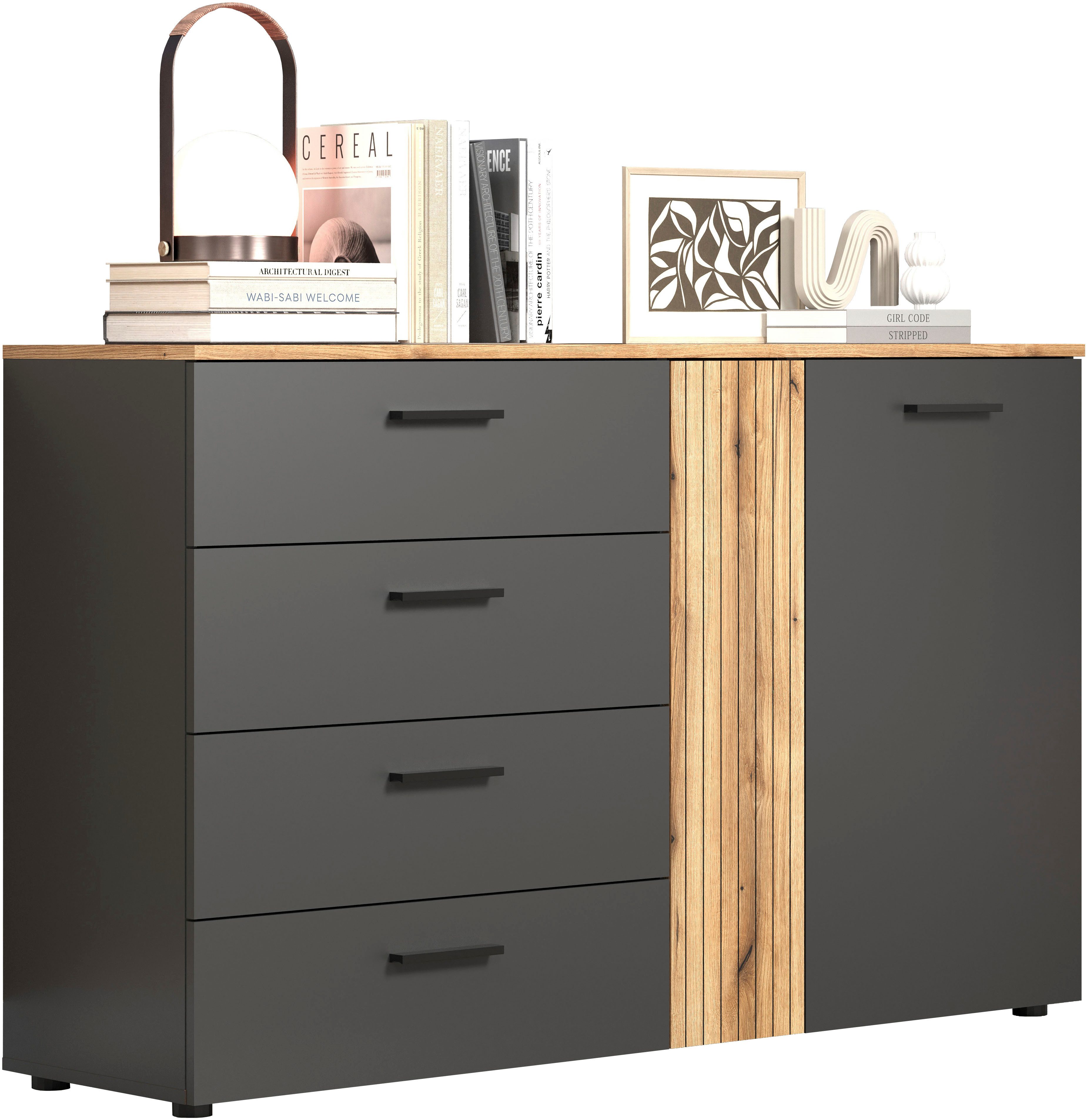 Home affaire Kommode Estepona (1 St), Schubladenschrank in Rillenoptik mit Vollauszug-Funktion