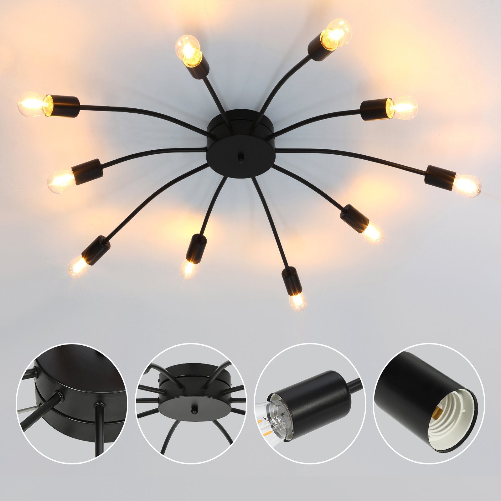 Spinne mit Deckenleuchte wechselbar, mit Deckenleuchte Lichter Vintage 10 Beleuchtung Schwarz Deckenleuchte Wohnzimmer Deckenlampe Design E27 LED Fassungen, Leuchte Glühbirne LETGOSPT 10 mit E27-Sockel, Deckenlampe *