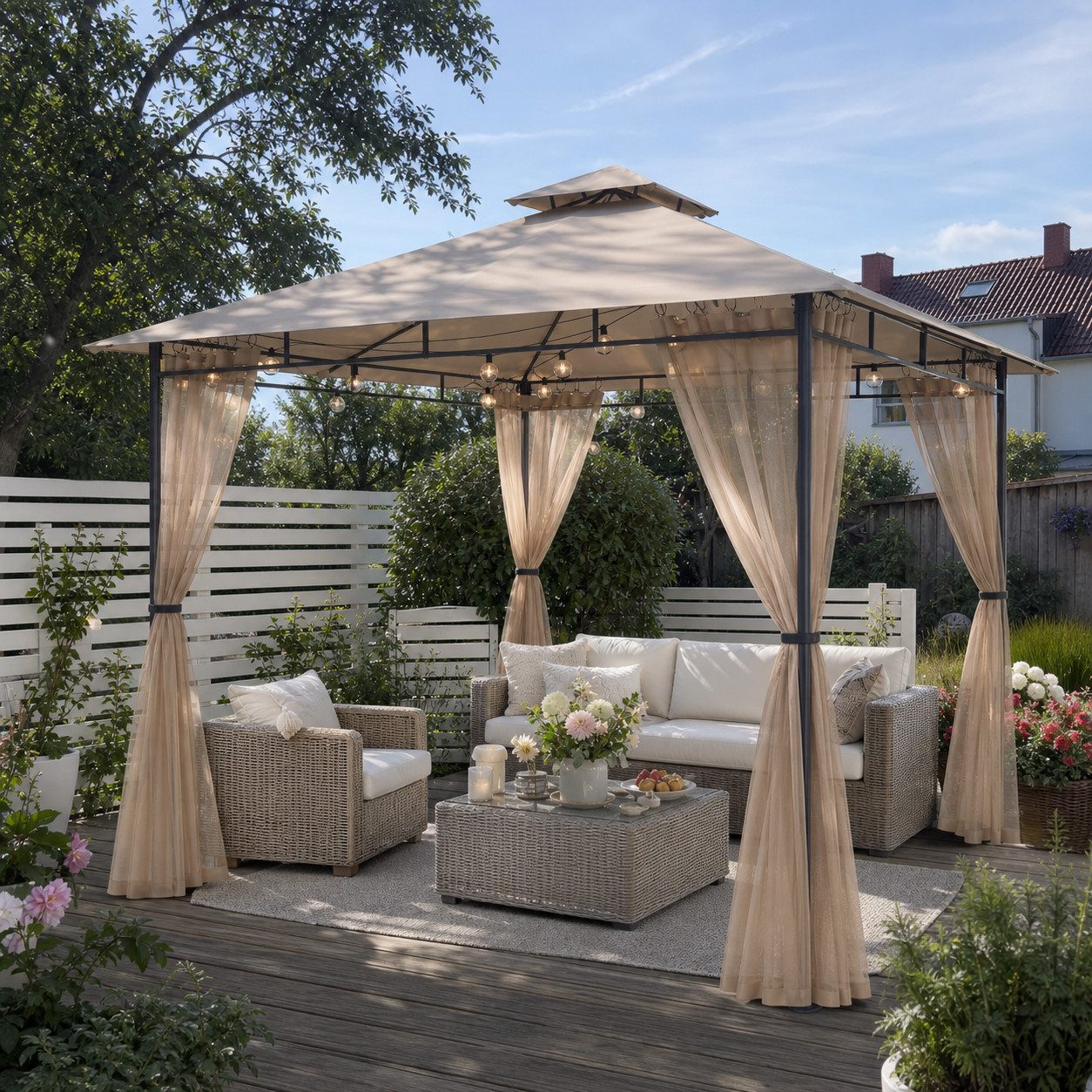 Sekey Pavillon 3 x 3m Pavillon Partyzelt Gartenpavillon mit Moskitonetz, Doppeldach, mit 4 Seitenteilen, Stabil, Wasserdicht, Winfest, Sonnenschutz – Bild 3 von 5