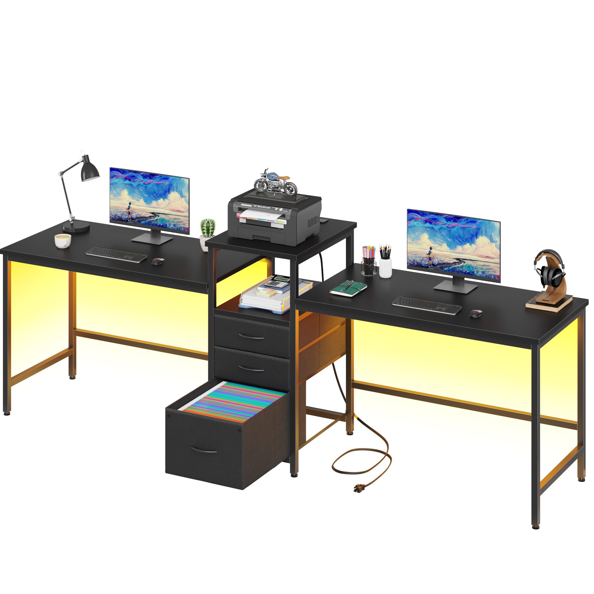 OYRREU Arbeitstisch 240cm extra lang, Doppel-Computertisch mit Schubladen & Ladestation (Doppelschreibtisch Set, 2 Arbeitsplätze, mit RGB-LED-Streifen, Schubladenschrank), RGB-LED-Beleuchtung, integrierte Ladestation, verstellbare Füße