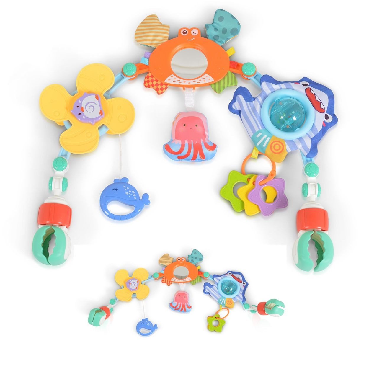 Moni Spielbogen Kinderbett und Kinderwagen, Rassel, Beißring, Motorik, Kühlbeißring, Spielmatte, ab Geburt