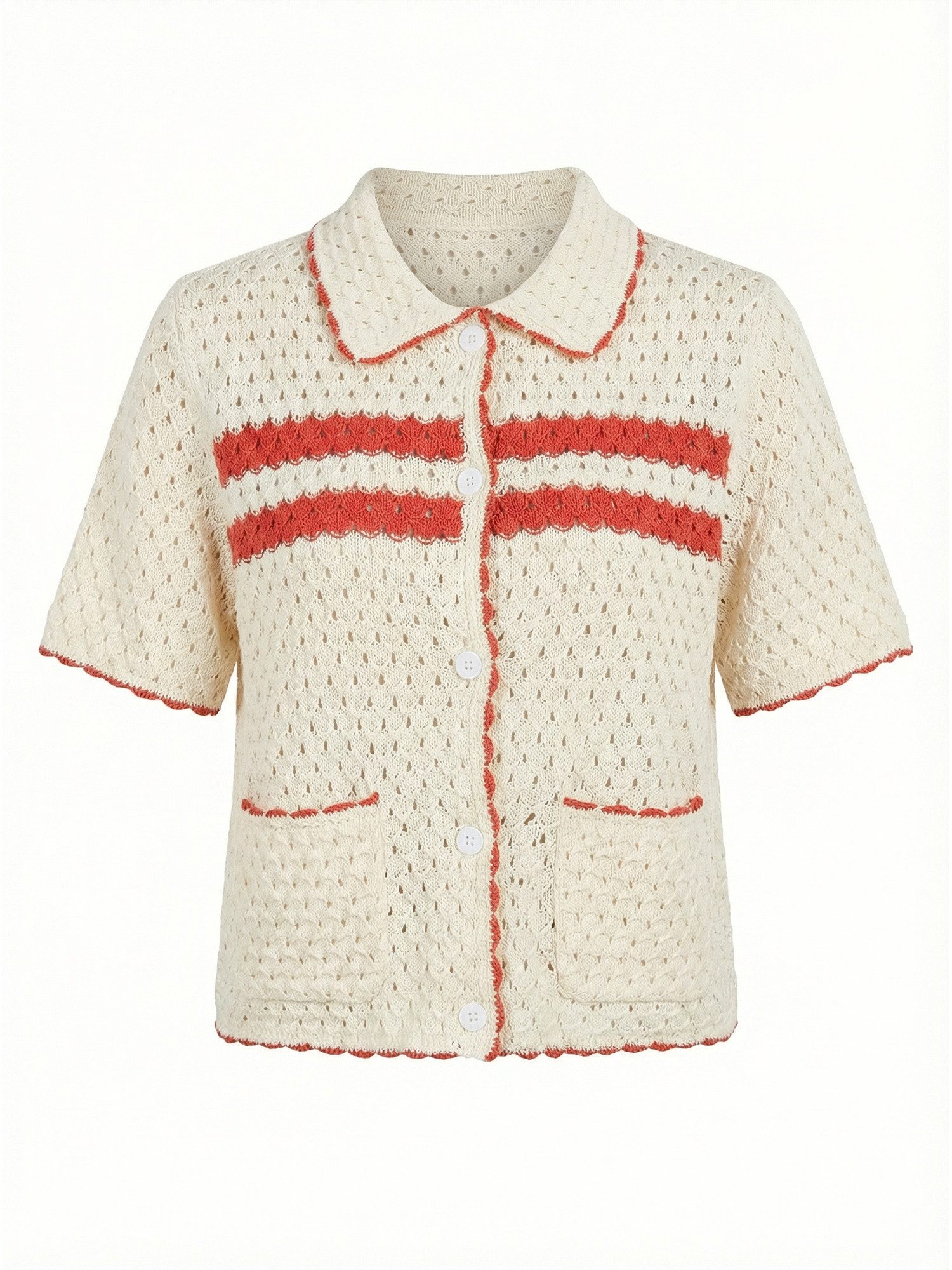 Cardigan Damen Kurzarm mit Lochmuster Polokragen und Kontraststreifen Sommer