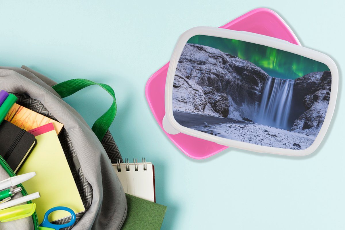 (2-tlg), Snackbox, Brotbox rosa Wasserfall Schnee Mädchen, MuchoWow - Brotdose Island, Kunststoff für - Erwachsene, Lunchbox - Kunststoff, Kinder, Nordlichter