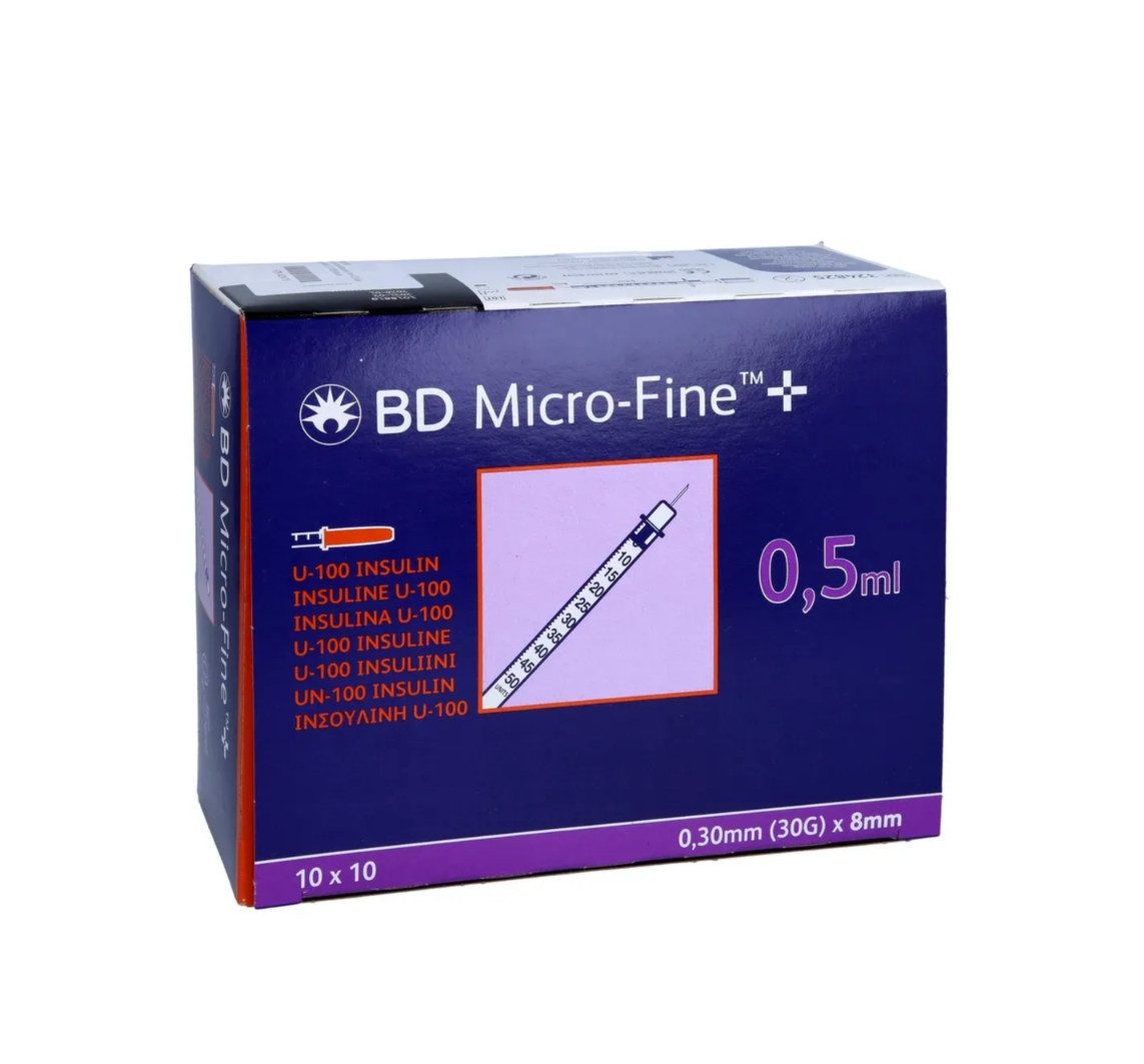 DocMed Einwegspritze BD Micro-Fine+ Insulinspritze 0,5 ml U100 0,30x8mm, (Spar-Set, Weltweiter Bestseller, 100-St., Steril verpackt), latexfrei