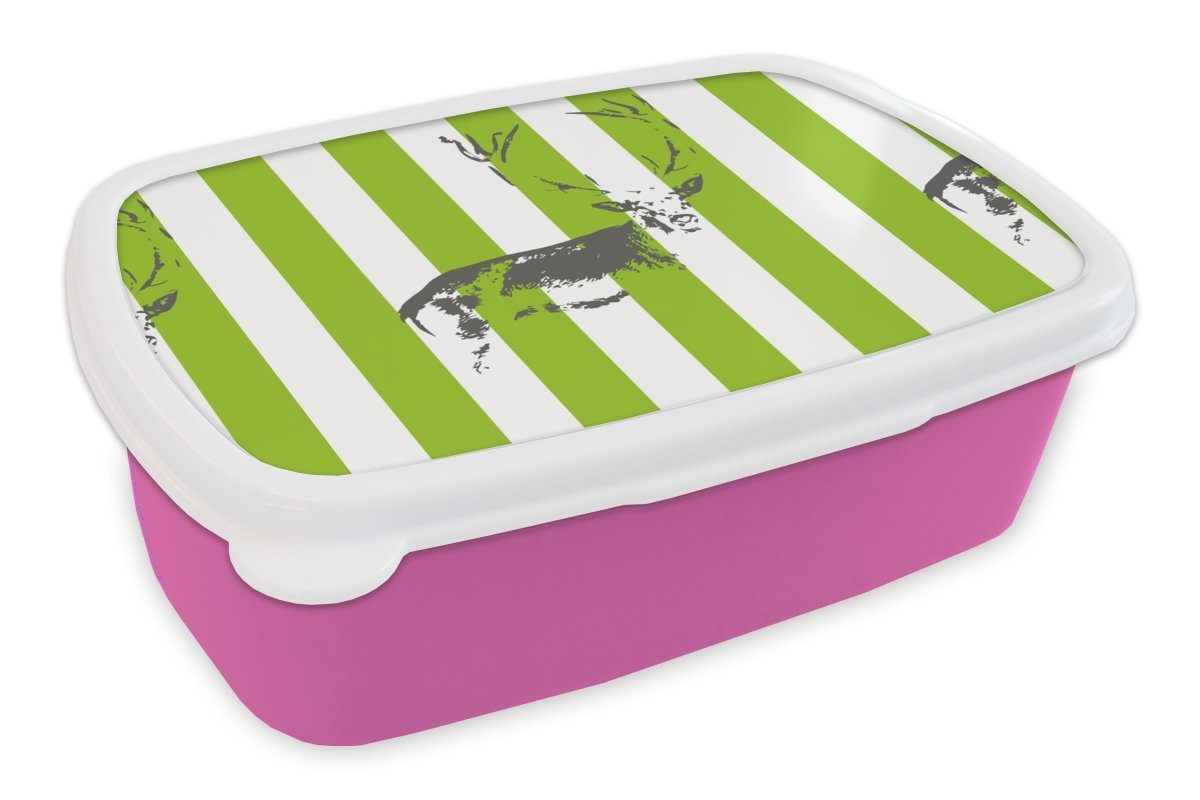 MuchoWow Lunchbox Muster - Hirsche - Streifen, Kunststoff, (2-tlg), Brotbox für Erwachsene, Brotdose Kinder, Snackbox, Mädchen, Kunststoff rosa