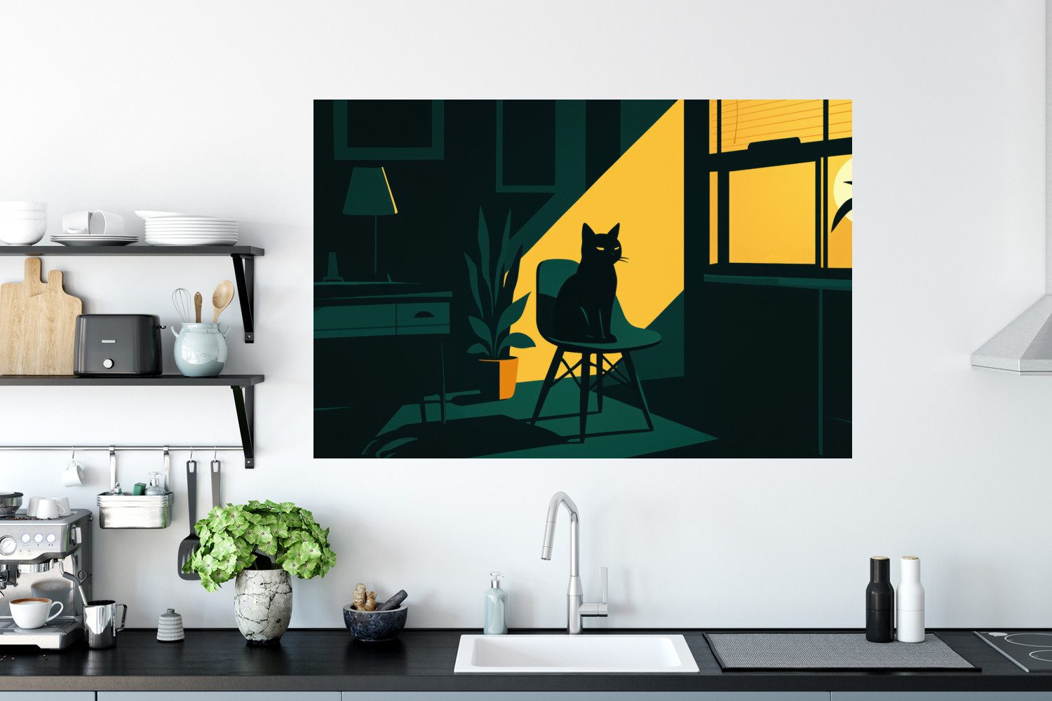 MuchoWow Wandsticker Schwarze Katze - Geheimnisvoll - Gelbe Tranche (1 St), Wanddeko, Aufkleber, Wandtattoo, 120x80 cm