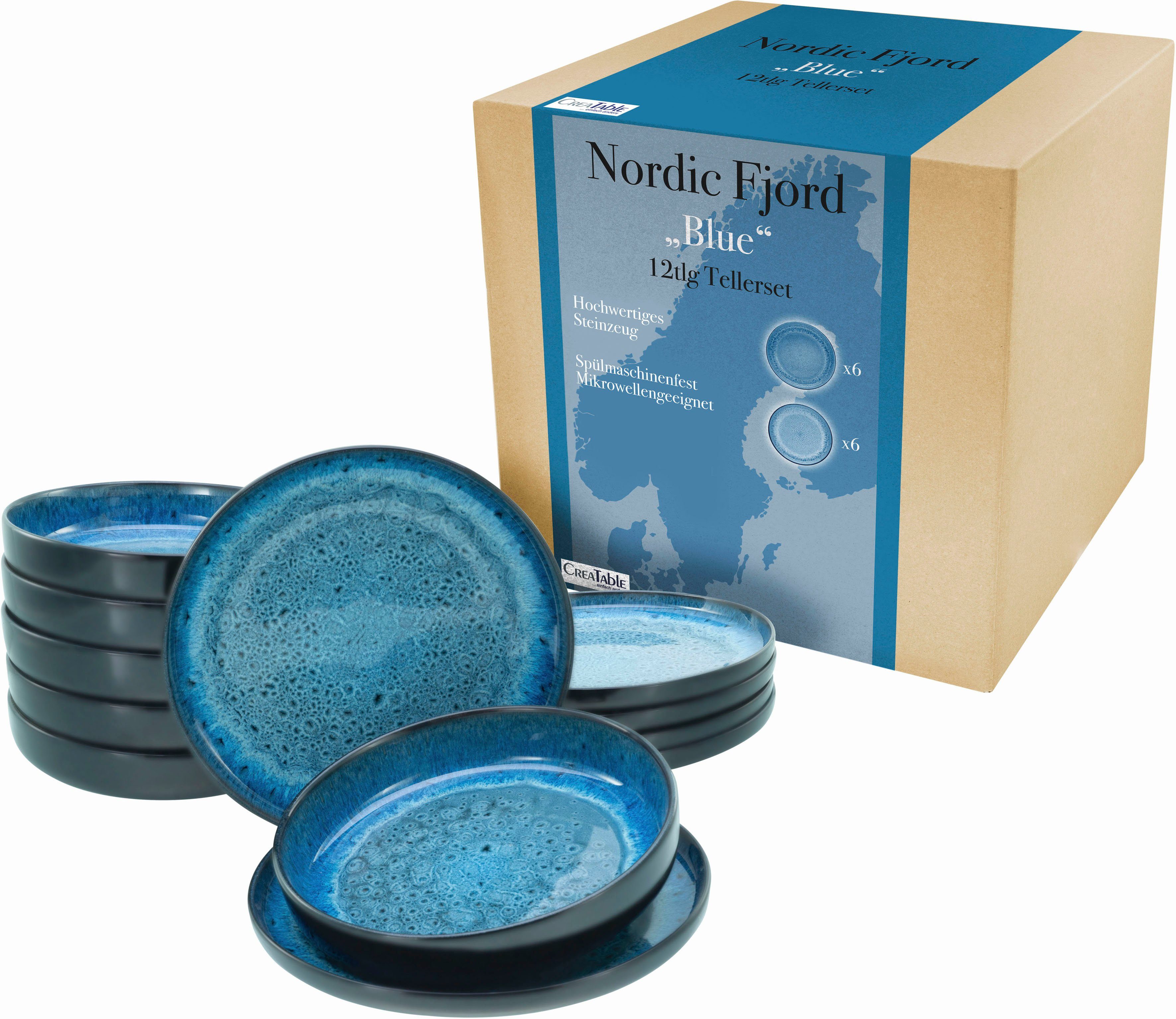 CreaTable Teller-Set Nordic Fjord (12-tlg), 6 Personen, Steinzeug, Tafelservice, 6 Speiseteller Ø 26 cm, 6 Suppenteller Ø 22,5 cm | Teller-Sets