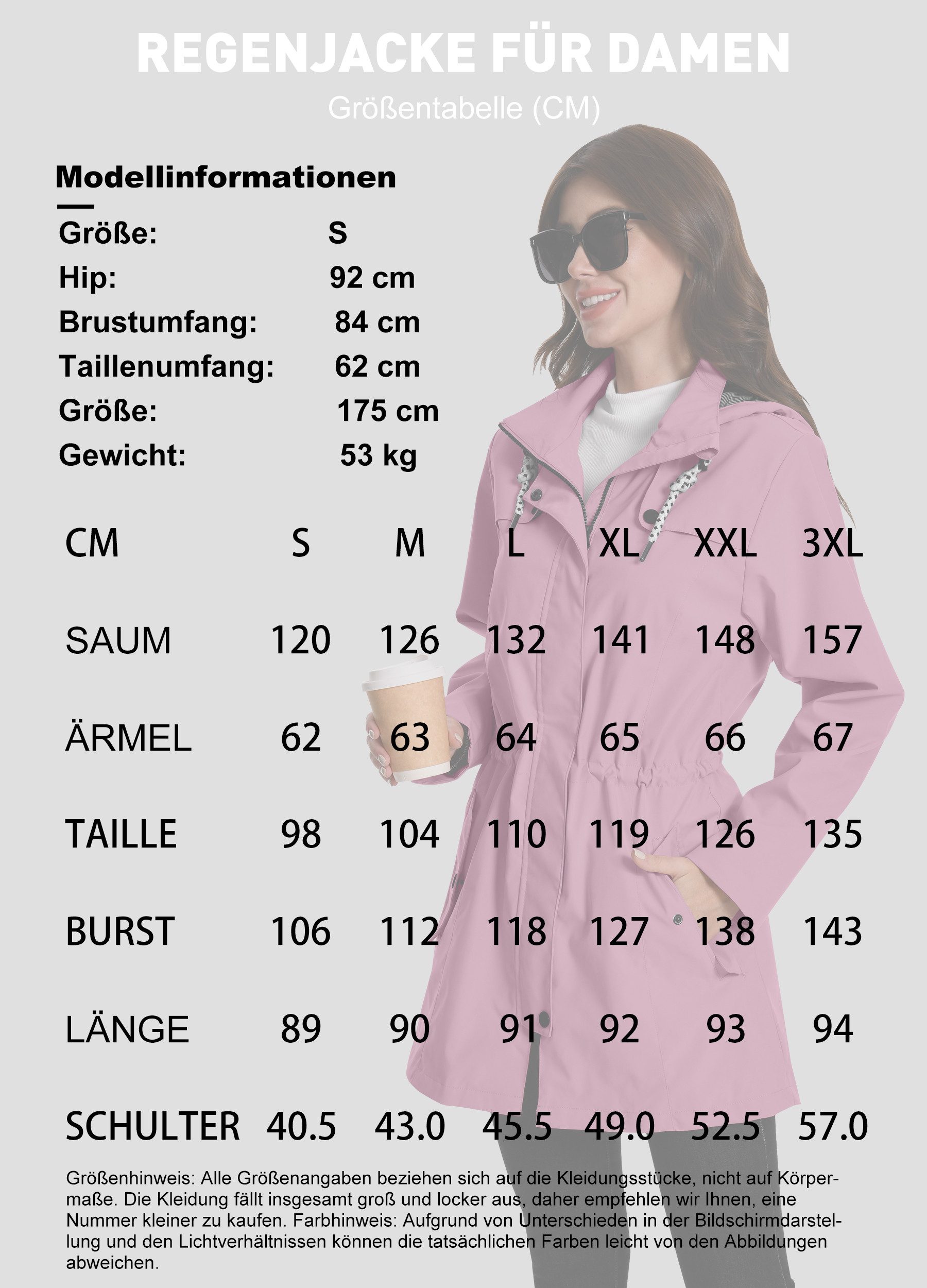 ATLASLAVA Regenjacke Damen Lang – Wasserdicht & Atmungsaktiv mit Kapuze (1-St) Übergangsjacke für Outdoor