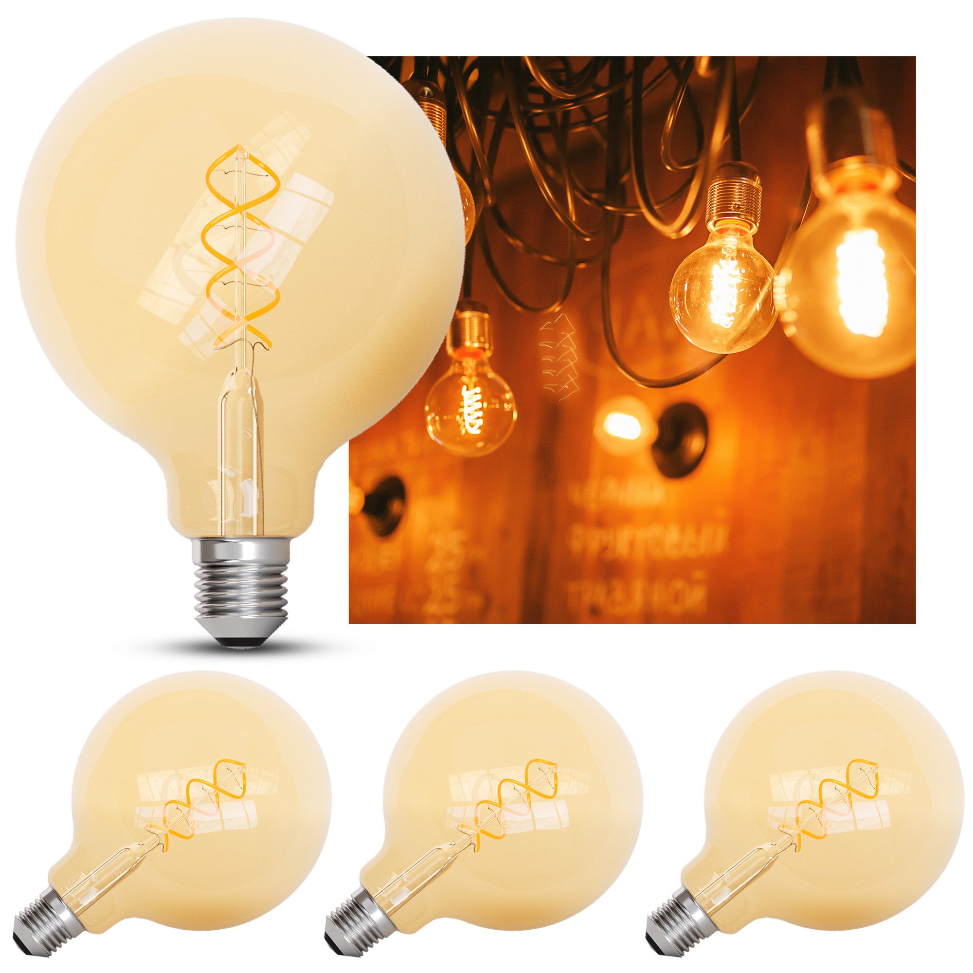 linovum LED-Leuchtmittel E27 Globe G125 LED Filament Vintage Lampe 3,4W in Bernstein Optik, E27, Warmweiß