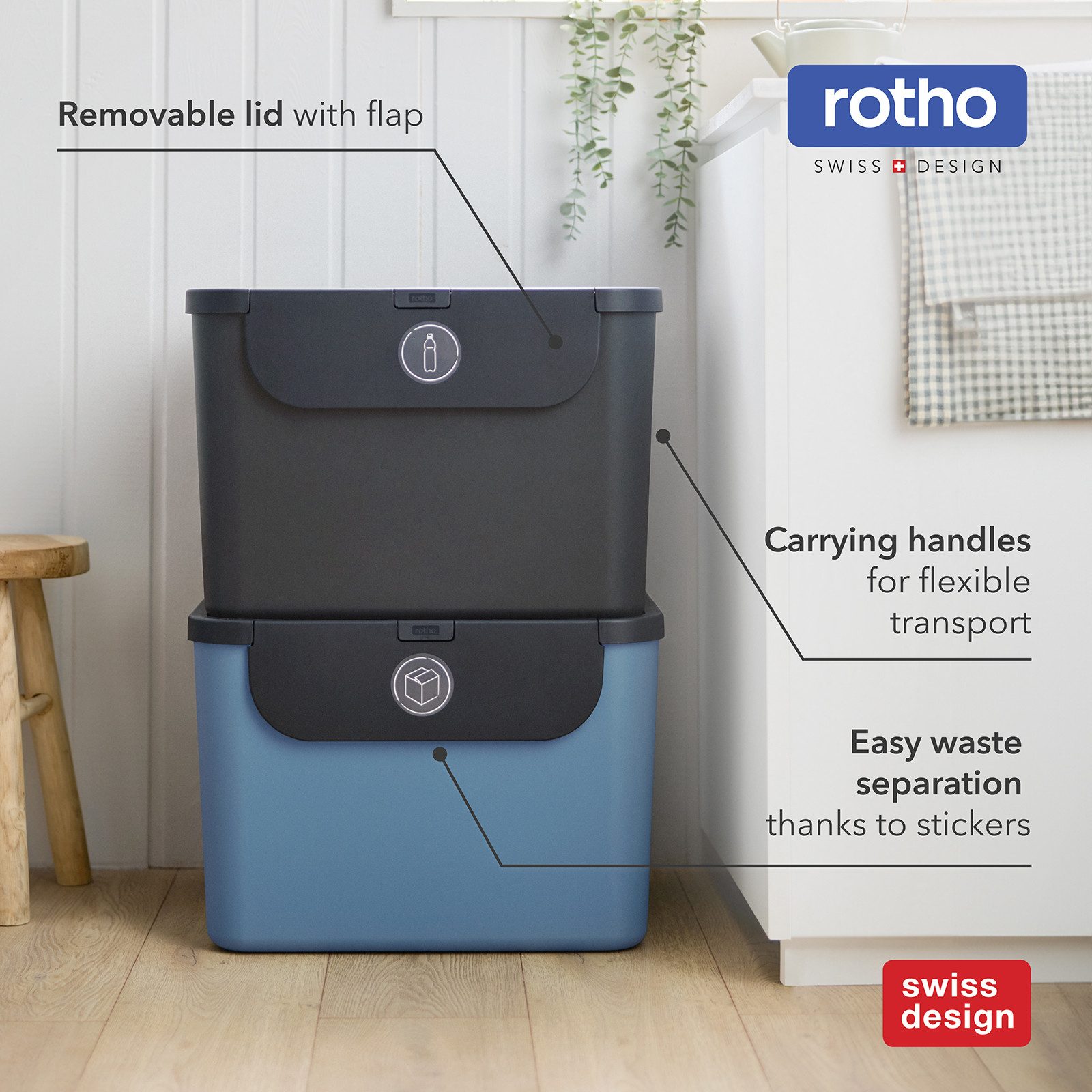 ROTHO Mülltrennsystem Albula Mülleimer 55l mit Frontklappe für die Küche – Recycling System, Behälter ideal für Mülltrennung & Recycling