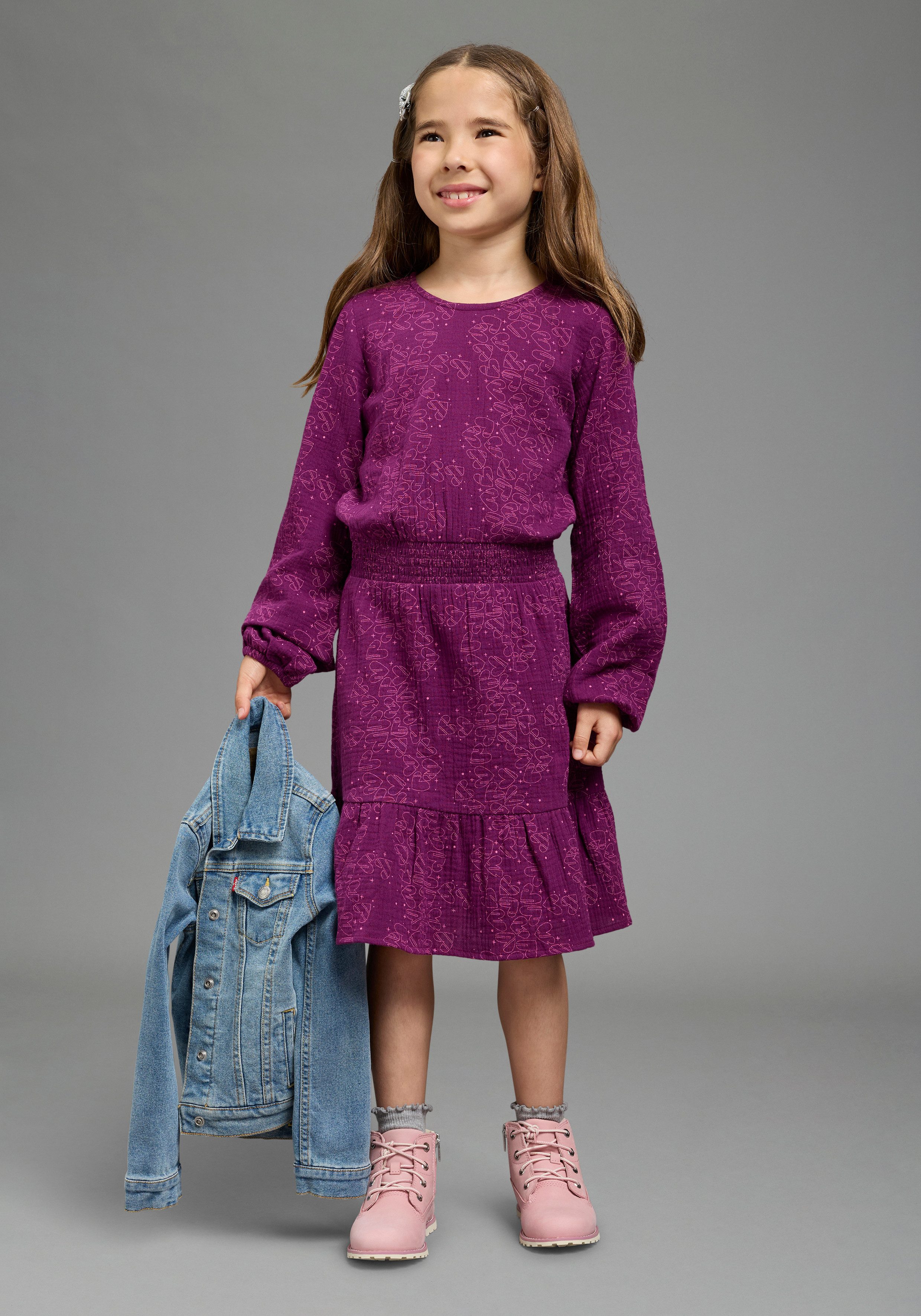 Scout Hemdblusenkleid Musselin Kleid mit allover-Herzenmuster - NEU von SCOUT für Mädchen, knielang, mit Volant am Saum, mit gesmokter Taille