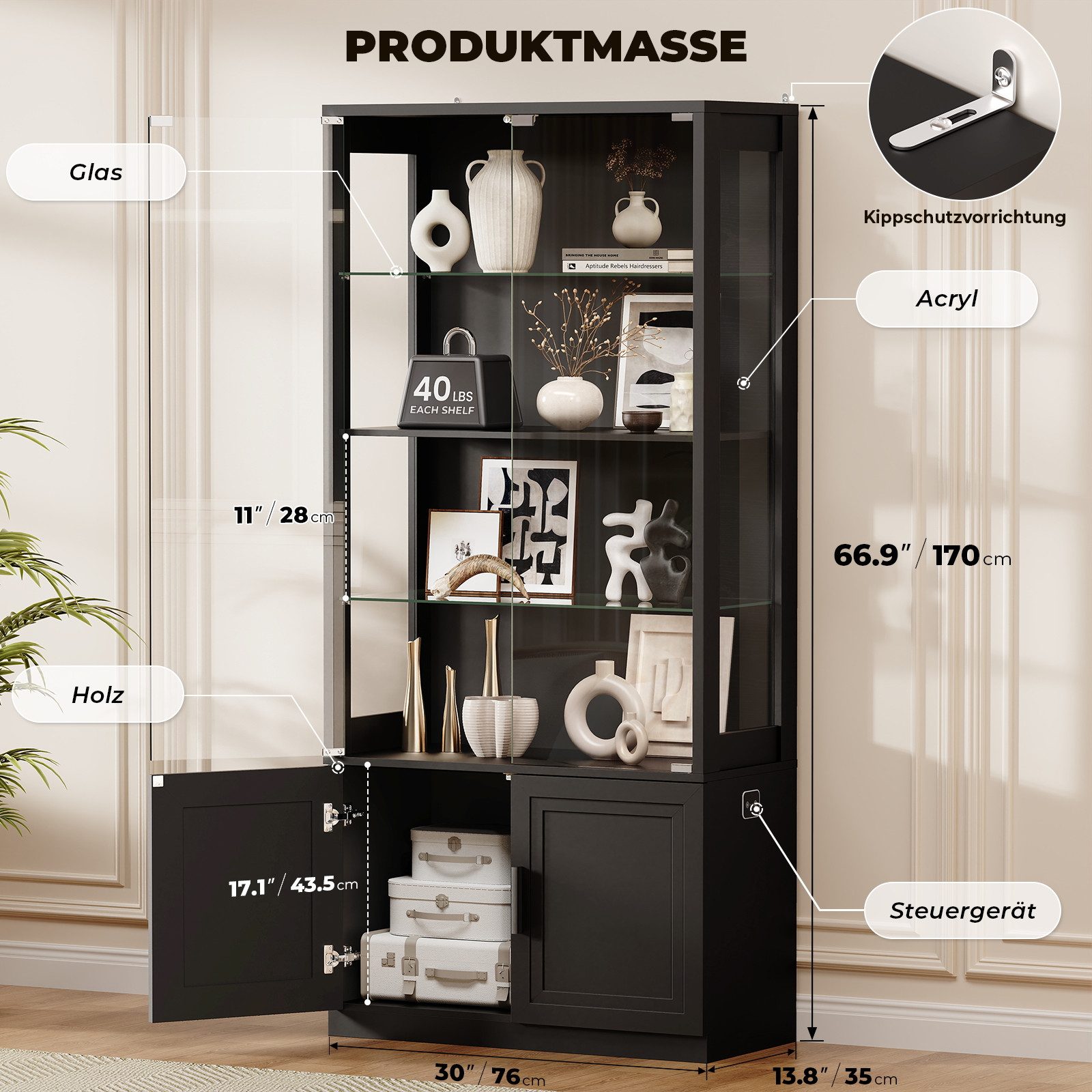 BROTTAR Glasvitrine 4 Ebenen mit Glastüren und verstellbaren Glasböden (1-St) 76×35×170cm, schwarz/weiß – Bild 5 von 5