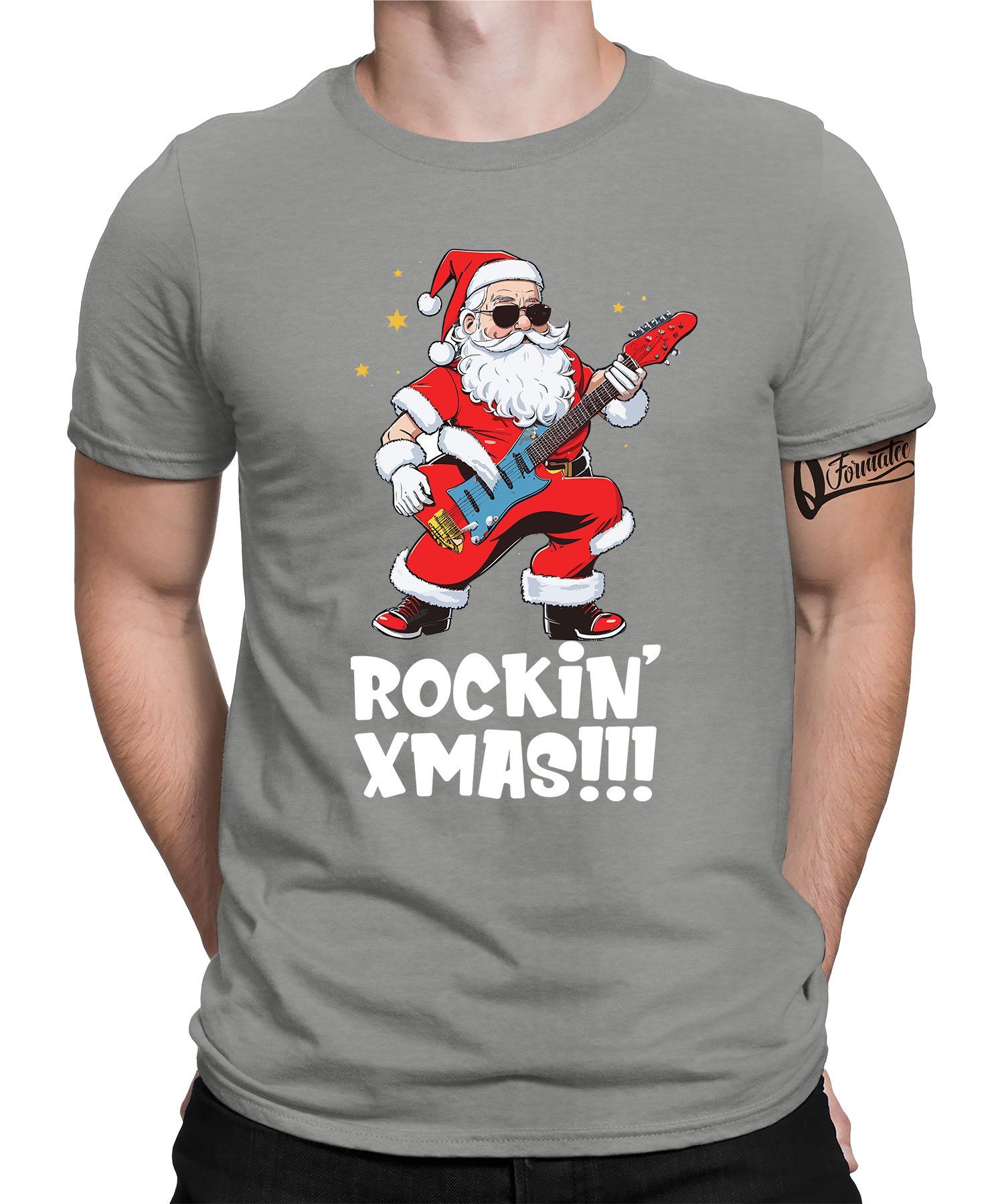 Quattro Formatee Kurzarmshirt Rockin Xmas Weihnachtsmann - Weihnachten X-mas Christmas Herren T-Shir (1-tlg) Heather Grau