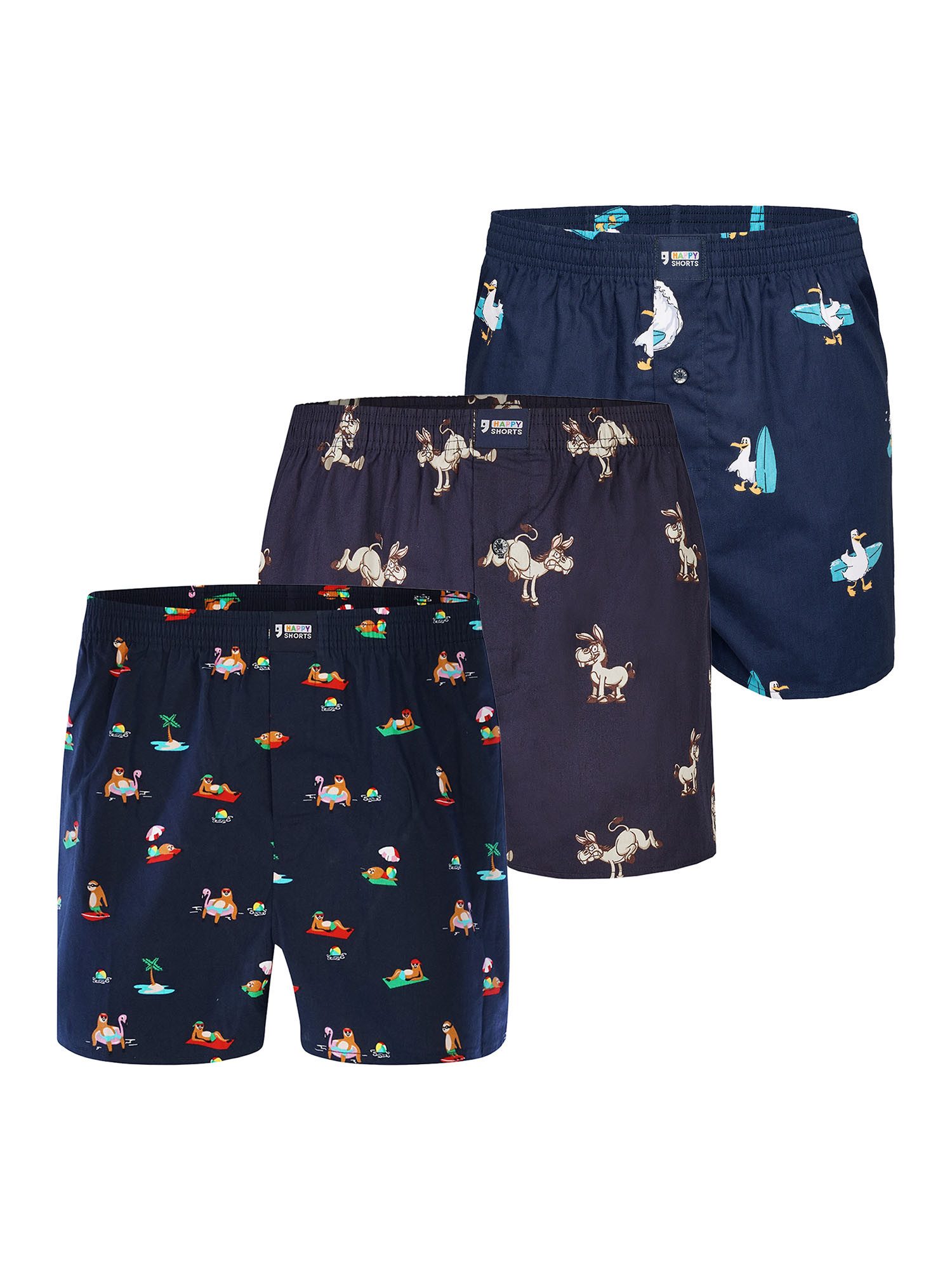 HAPPY SHORTS Boxer Funny Motives - hochwertige Shorts mit verschiedenen Motiven (3-St) American Boxershorts - breiter Komfortbund - witzig, bunt und bequem
