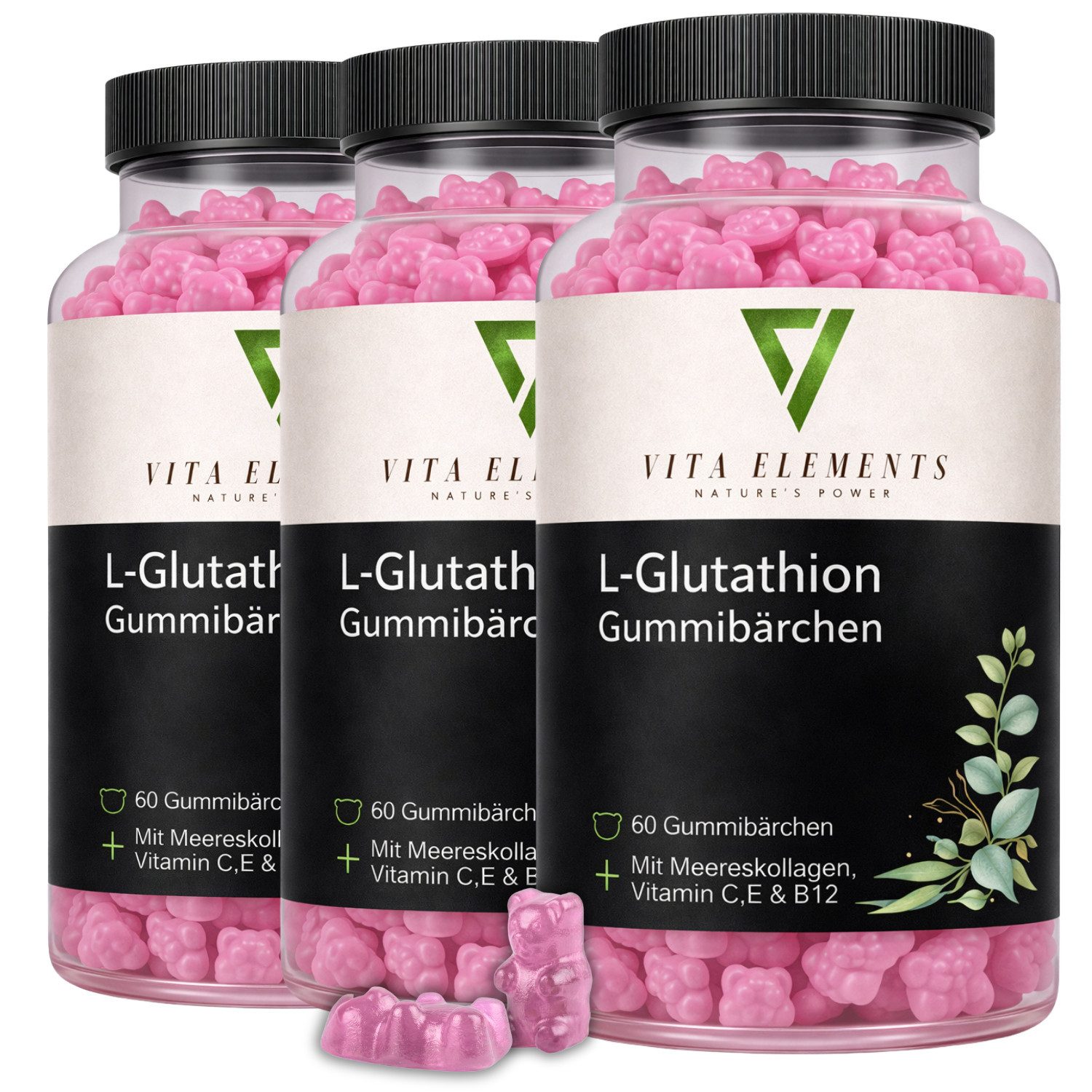 Vita Elements L-Glutathion Gummibärchen, 3 er Packung à 60 St., Mit Meereskollagen, Vitamin C, E & B12 Laborgeprüft in Deutschland