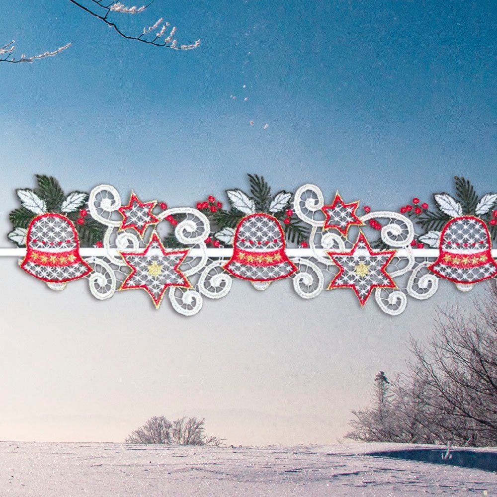 Stickereien Plauen Scheibengardine Glocken (1 St), Stangendurchzug, halbtransparent, Fensterdekoration "Glocken"