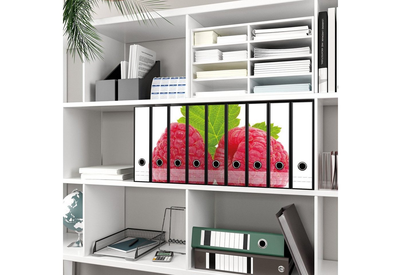 Thumbnail - Wallario Etiketten Himbeeren mit grünem Blatt auf weißem Grund, Ordnerrücken-Sticker in verschiedenen Ausführungen