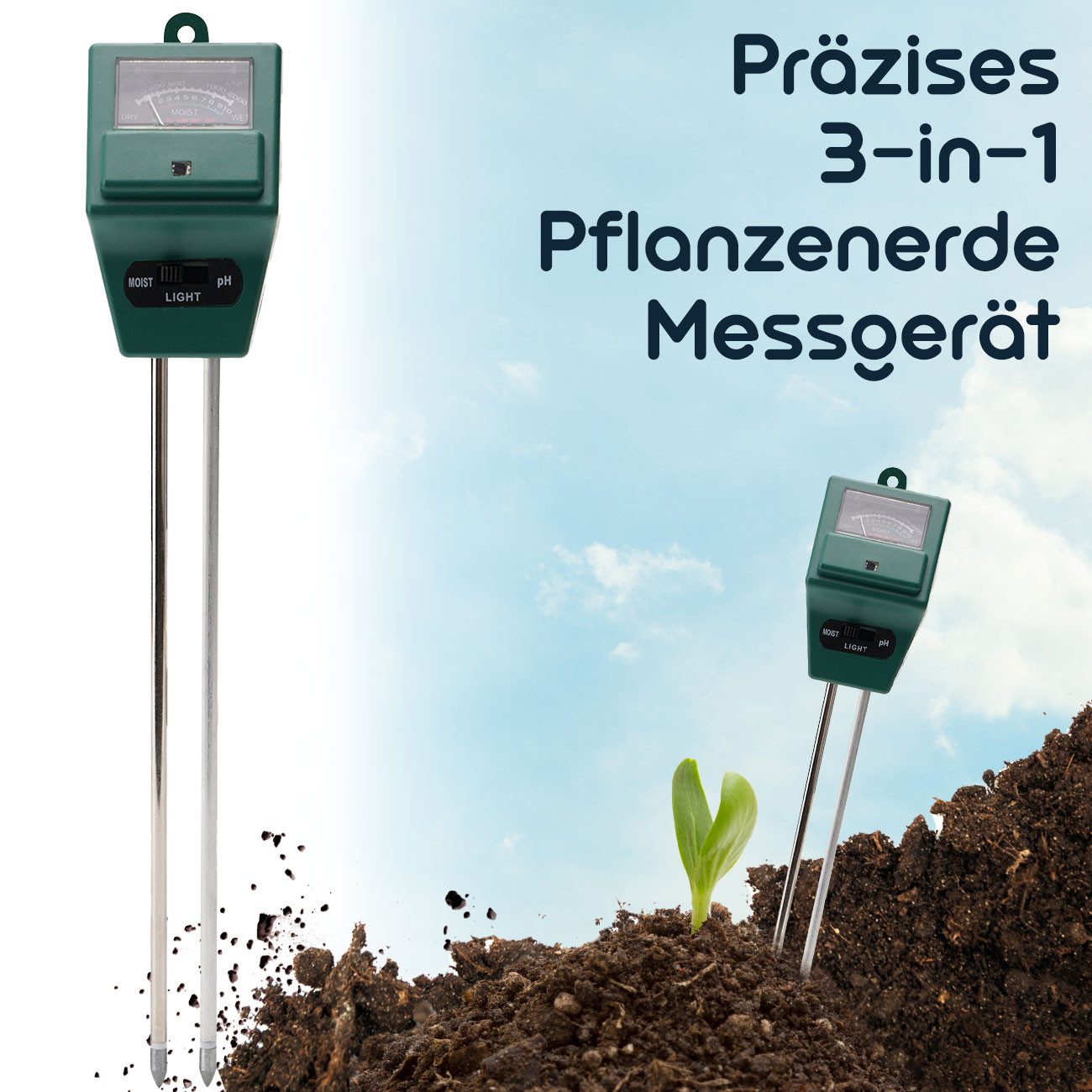 Casativo Feuchtigkeitsmesser 3in1 Bodentester Pflanzenerde-Messgerät für Feuchtigkeit pH-Wert Licht, (2-St., 1er-Set & 2er-Set & 4er-Set), 3-in-1 Bodentest stro – Bild 4 von 5