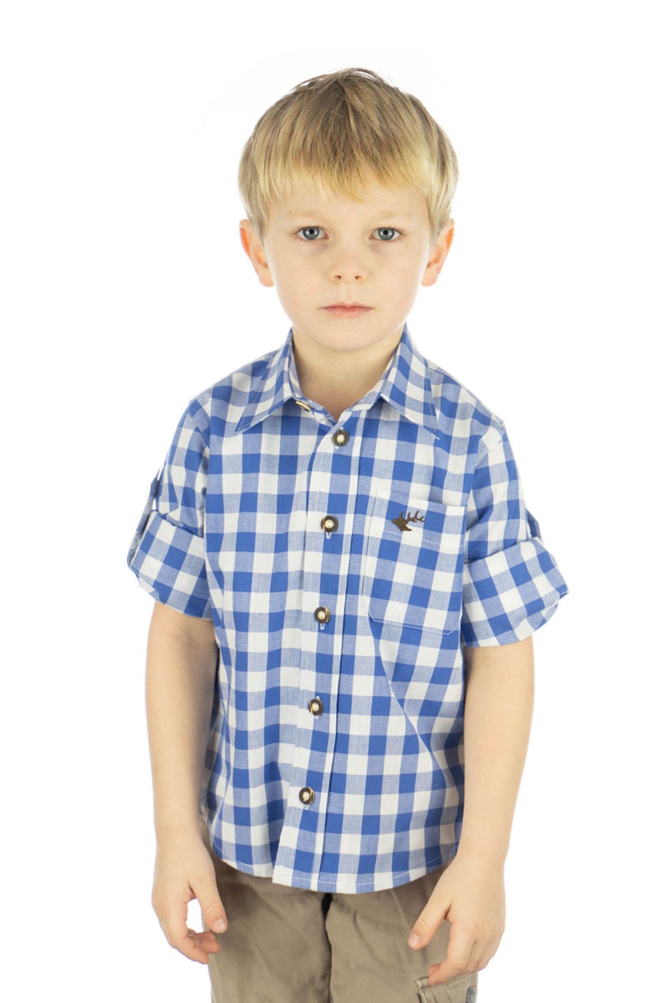 OS-Trachten Trachtenhemd Brumtu Langarm Jungen Hemd mit Hirsch-Stickerei auf der Brusttasche mittelblau