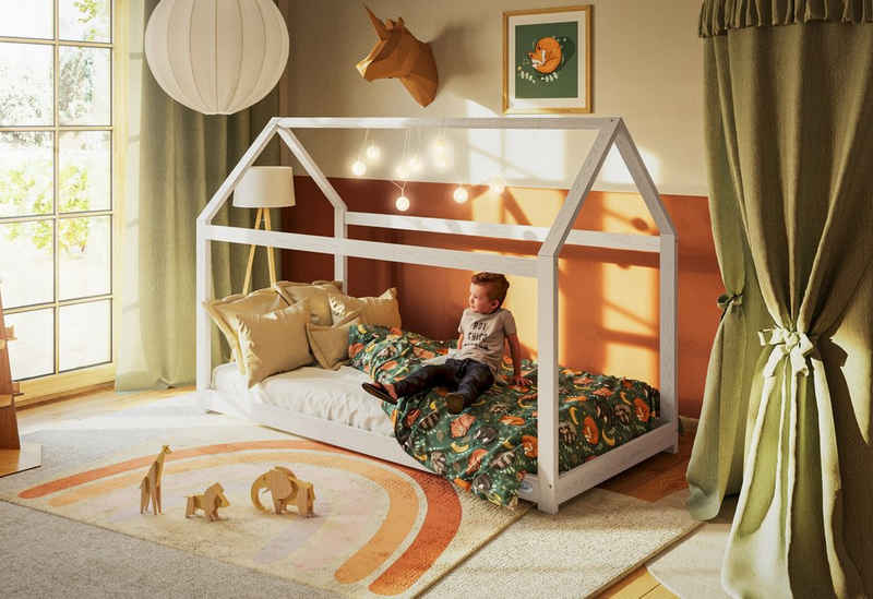 Alcube Hausbett »HOLMI«, Kinderbett 80x160 cm Montessori Stil, Jugendbett bodentief Kiefernholz, Hausbett für Jungen und Mädchen, aus Massivholz - Bett in Weiß