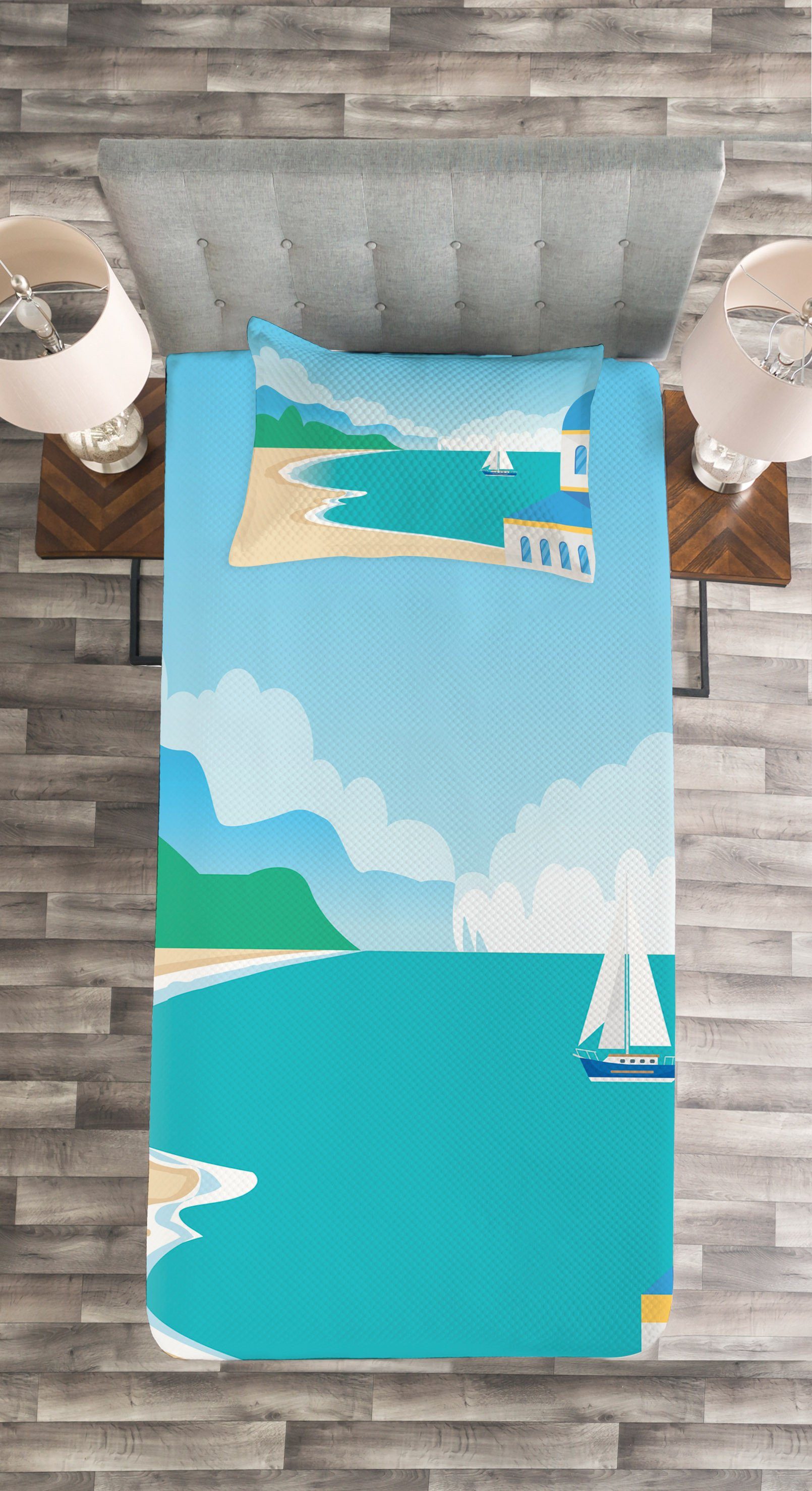 Tagesdecke Kissenbezügen Set Calm Grafik-Strand mit Waschbar, Abakuhaus, Cartoon Seascape