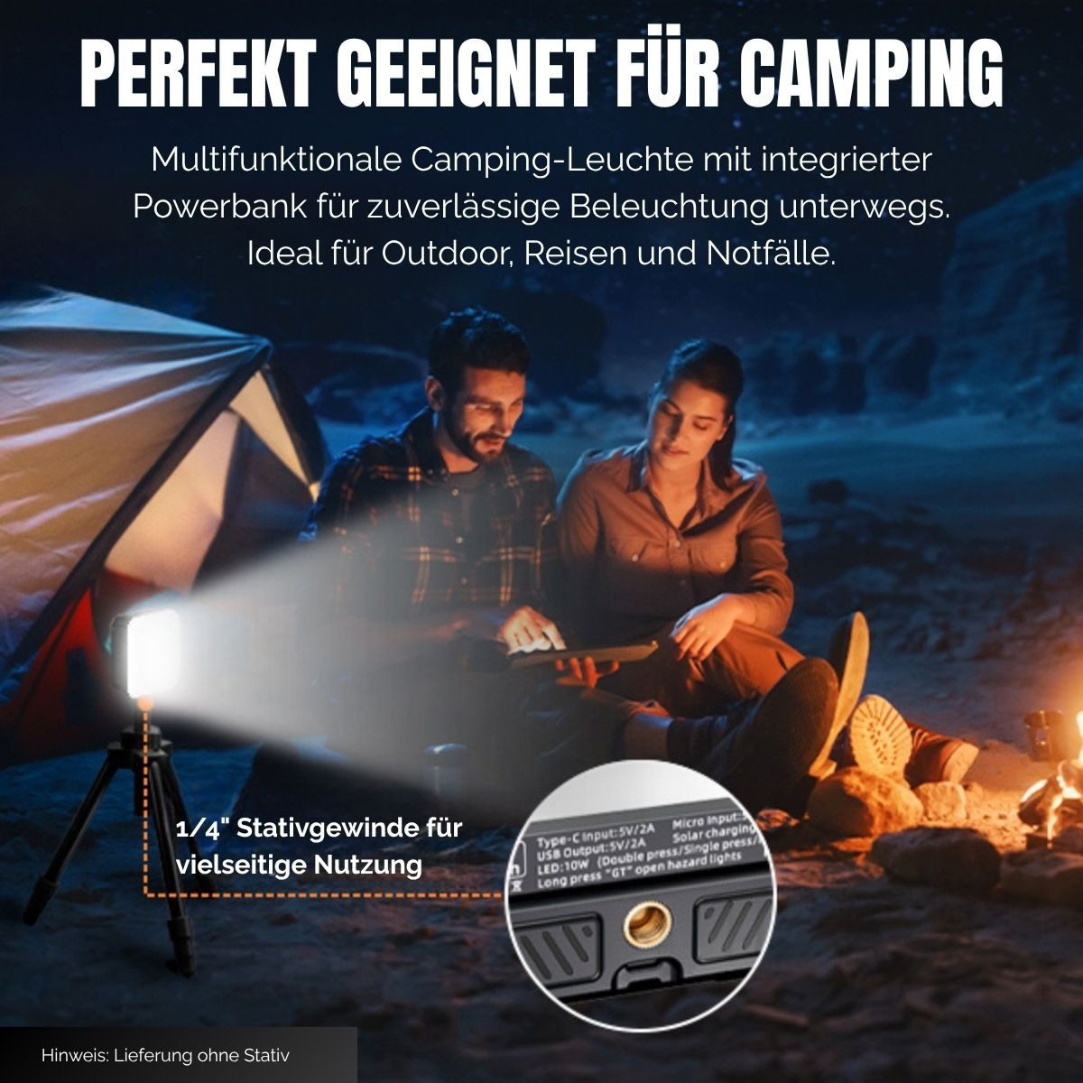 fontastic Solar Powerbank 10000mAh LED Licht Outdoor USB-C IP65 Solar Powerbank (5 V V), Solarfunktion für netzunabhängiges Laden