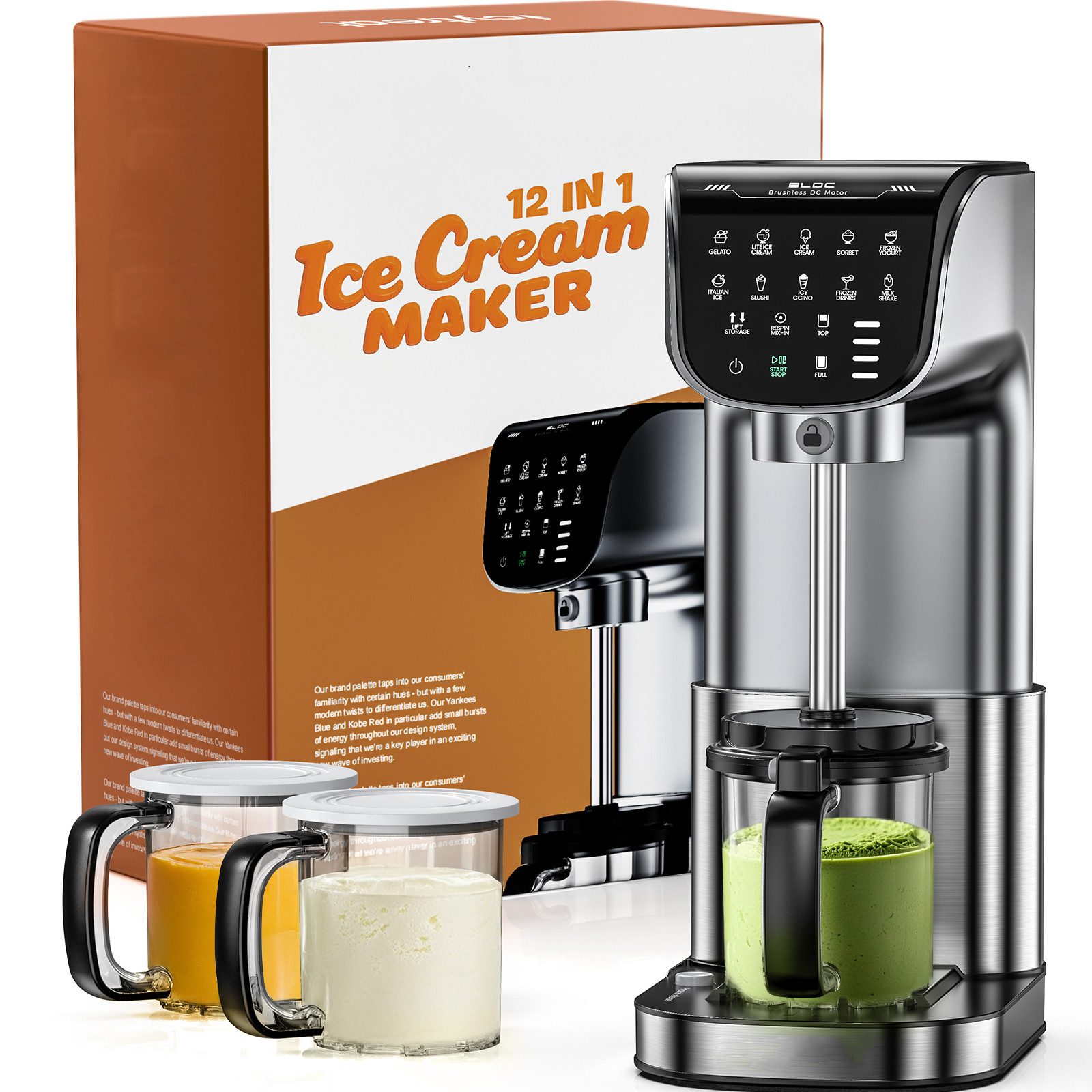 TWUFY Eismaschine Eismaschine 12-in-1 vollautomatische Edelstahl Hausgemachte Sorbet, 1,5 l, 500 W, Frozen Yogurt & mehr, leicht zu reinigende Familiengröße Behälter