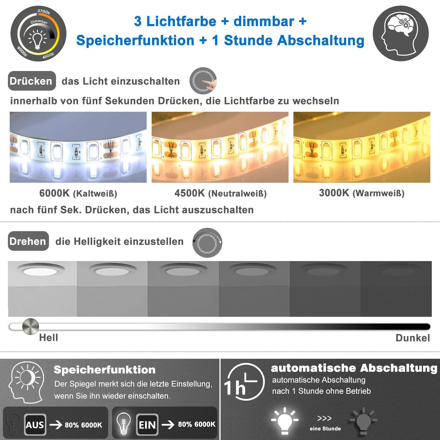 duschspa Badspiegel Badspiegel mit Beleuchtung Dimmbar Memory Beschlagfrei (Dreh+Knopfschalter, Wandschalter), drei Lichtfarbe wählbar
