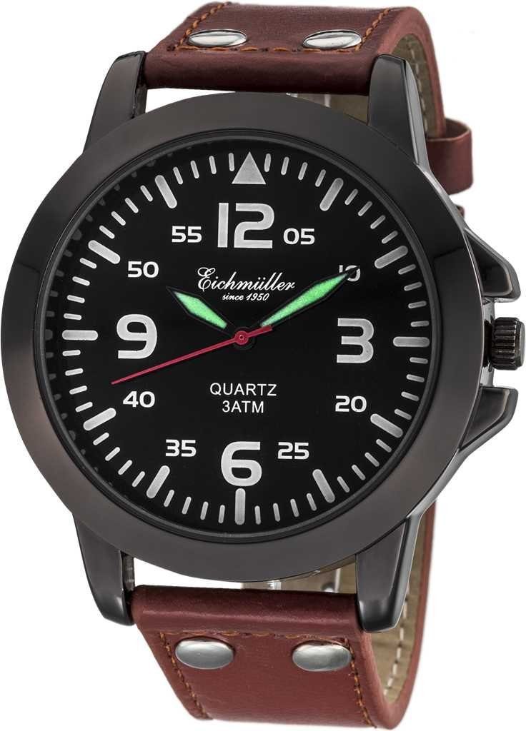 Eichmüller Quarzuhr Herrenuhr RE1006 schwarz-braun Lederband 45 mm