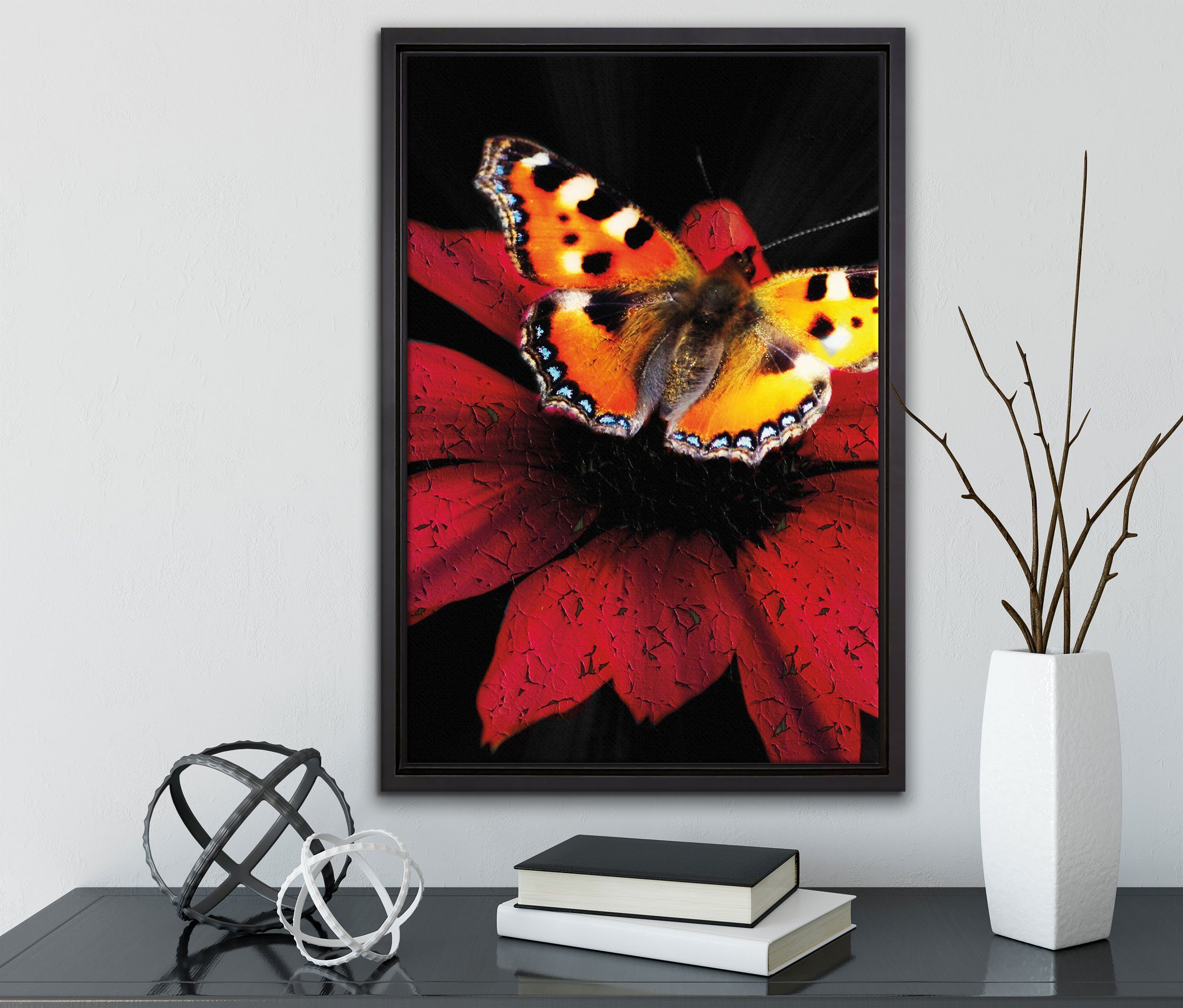 Leinwandbild Leinwandbild in gefasst, St), Schattenfugen-Bilderrahmen fertig Zackenaufhänger auf Pixxprint Schmetterling bespannt, inkl. einem Wanddekoration Blüte, (1 roter
