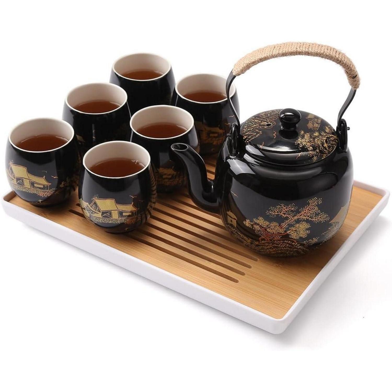 DUJUST Teeservice Japanisches Teeservice Schwarzes Porzellan Chinesisches Teeset Kanne