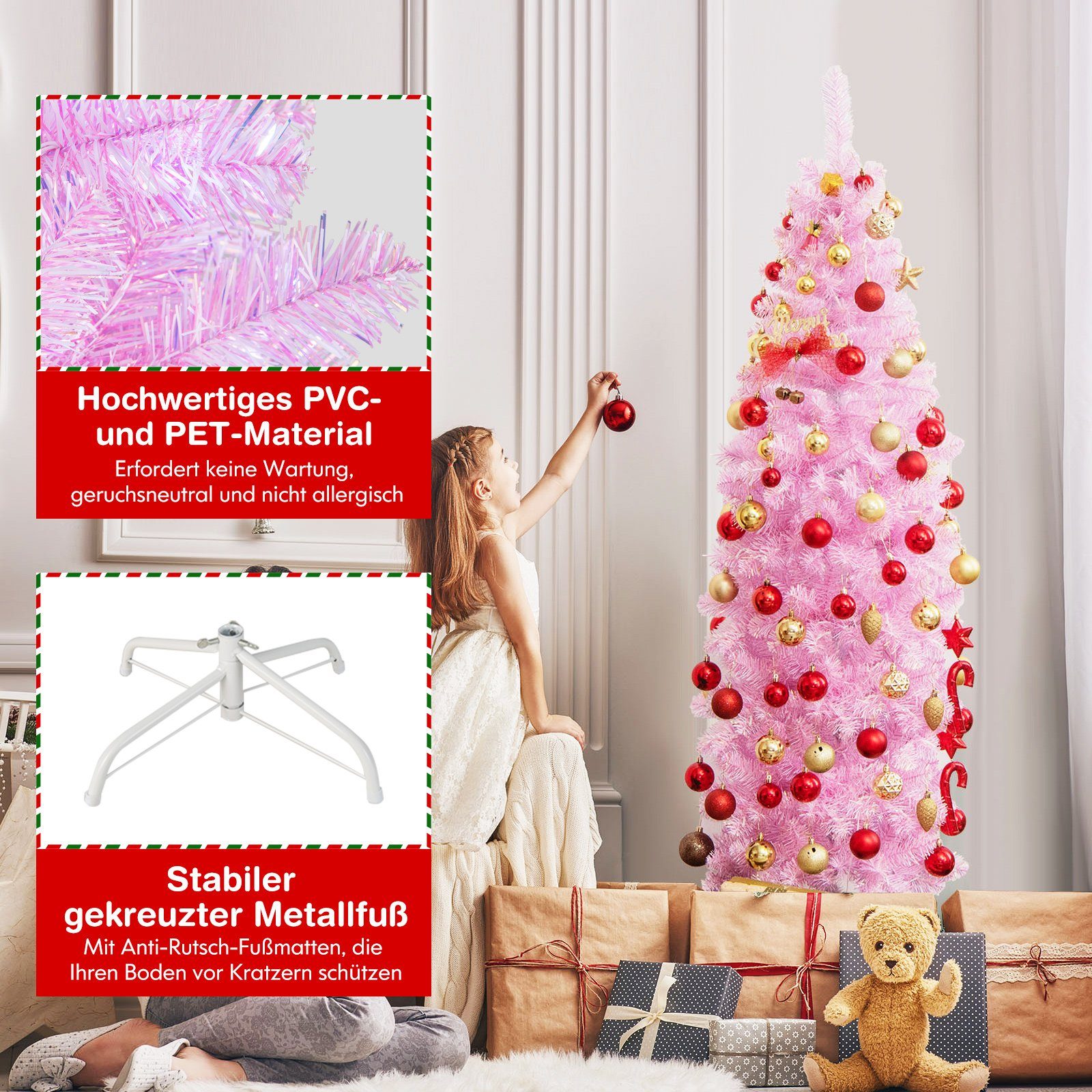 COSTWAY LEDs, mit Rosa 180cm Künstlicher Weihnachtsbaum, 250 Bleistift, kaltweißen