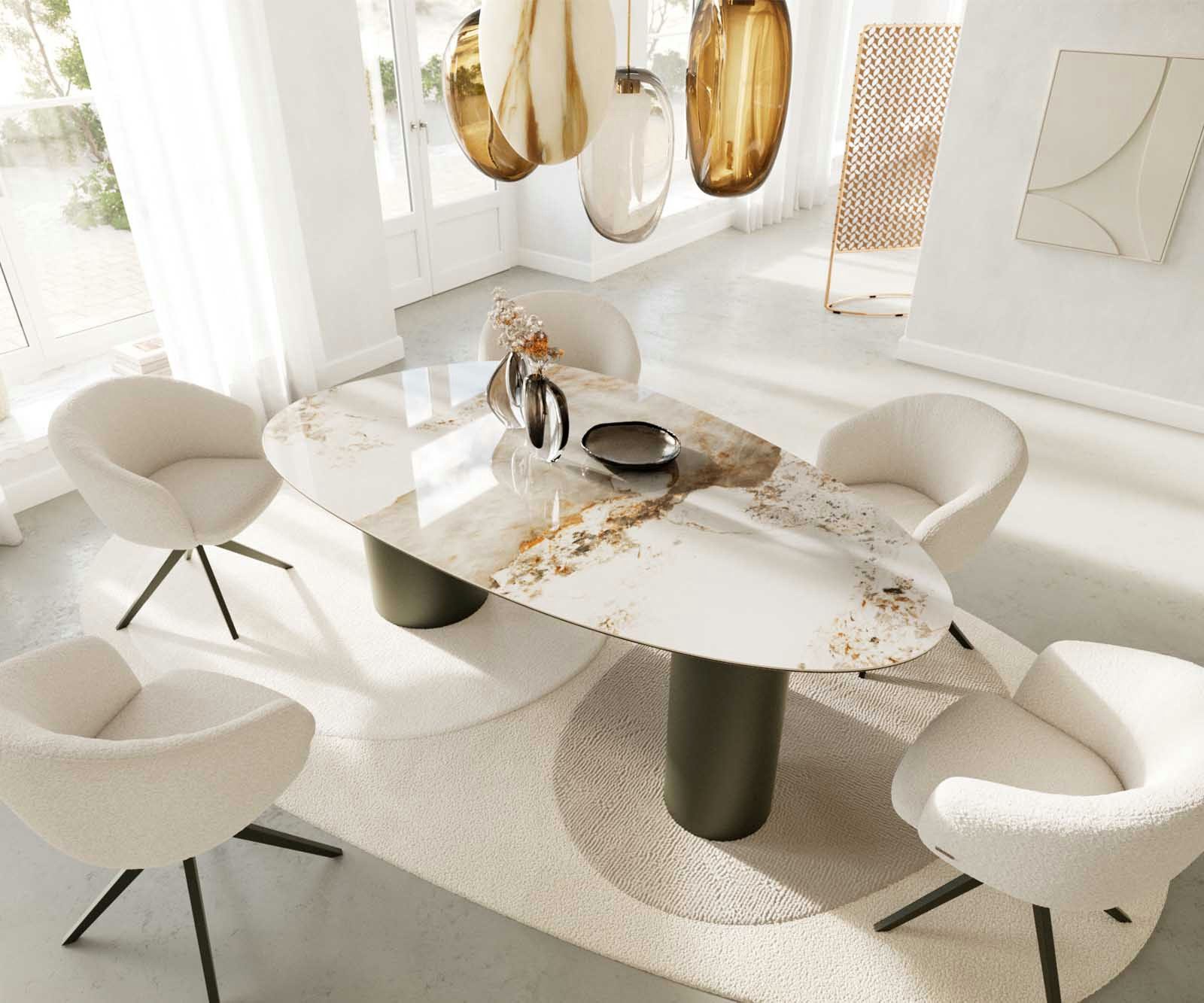 DELIFE Esstisch Edge, Oval Keramik Minas Melange Weiß-Beige 220x120 Troa Metall Effektfinish