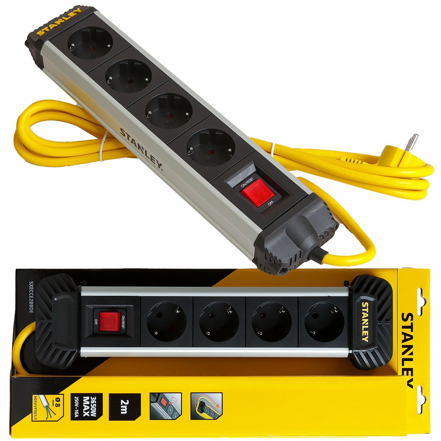 STANLEY ALU Mehrfachstecker 4-Fach Schalter 2m Kabel Mehrfachsteckdose (IP20), Steckdosenleiste IP20 mit Schalter Mehrfachsteckdose Steckerleiste 2m