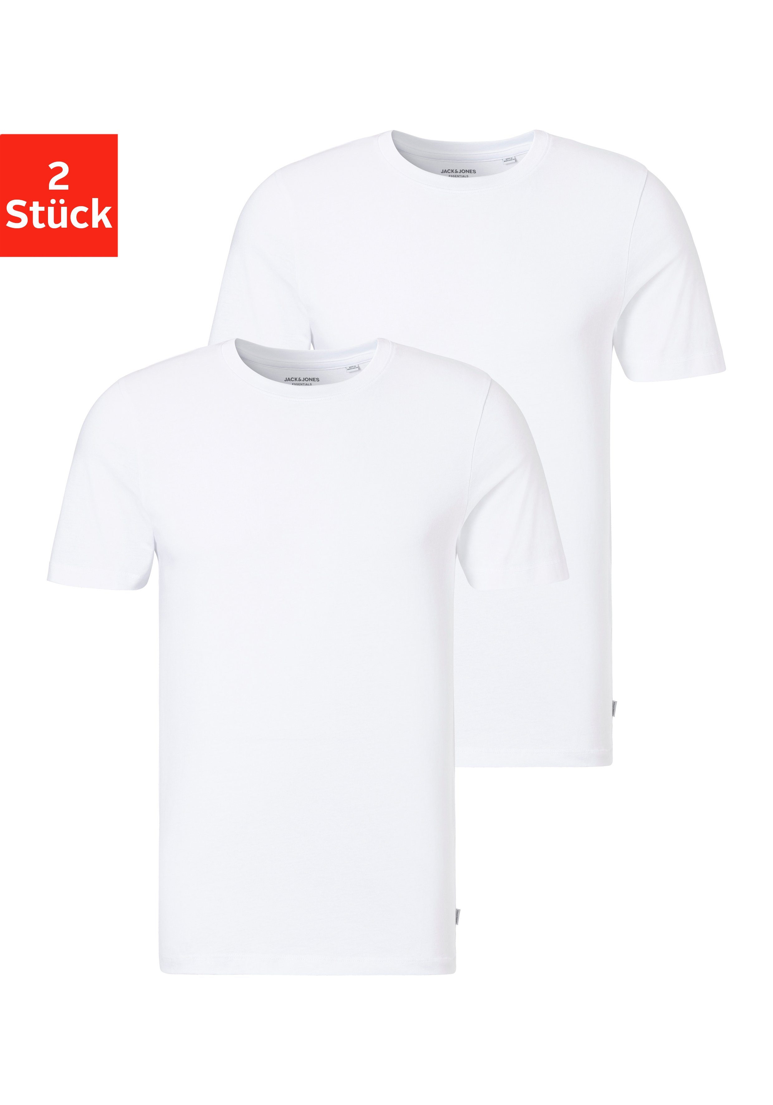 Jack & Jones T-Shirt JACBASIC mit Rippbündchen und angenehmem Tragekomfort (2er-Pack) unifarben, modisch, regular fit, Baumwolle, Rundhals