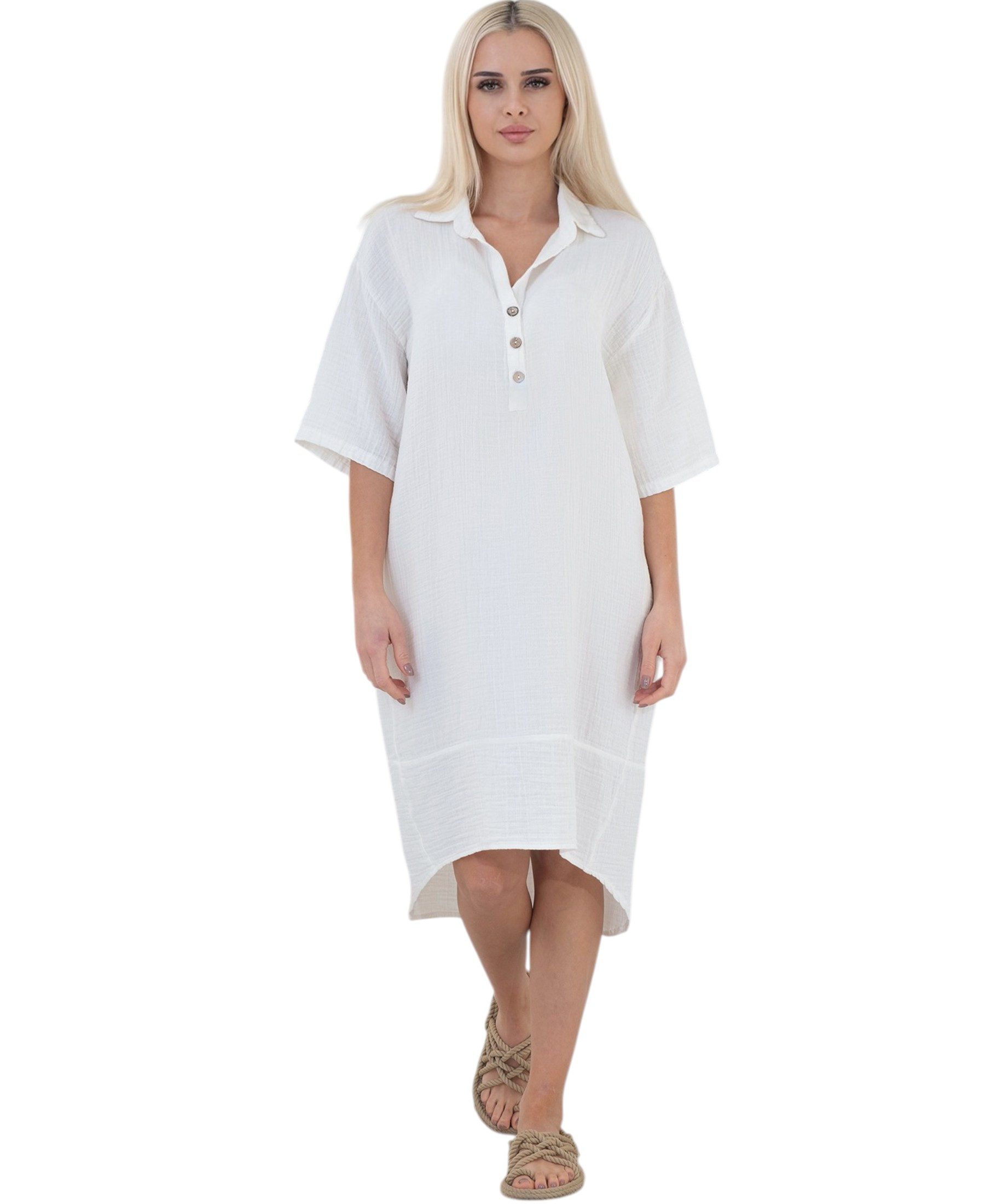 WENOR Blusenkleid Musselin Damen Tunika Kleid Baumwolle Oversize Sommerkleid Locker geschnitten mit Hemdkragen, Knopfleiste und Seitentaschen